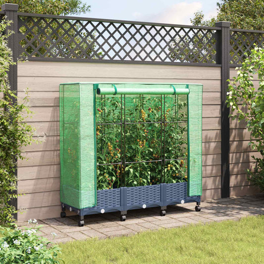 Tuinplantenbak met Kasbedekking en Wielen 3 st Blauw Grijs PP is nu te koop bij PeponiXL, paradijselijk wonen!