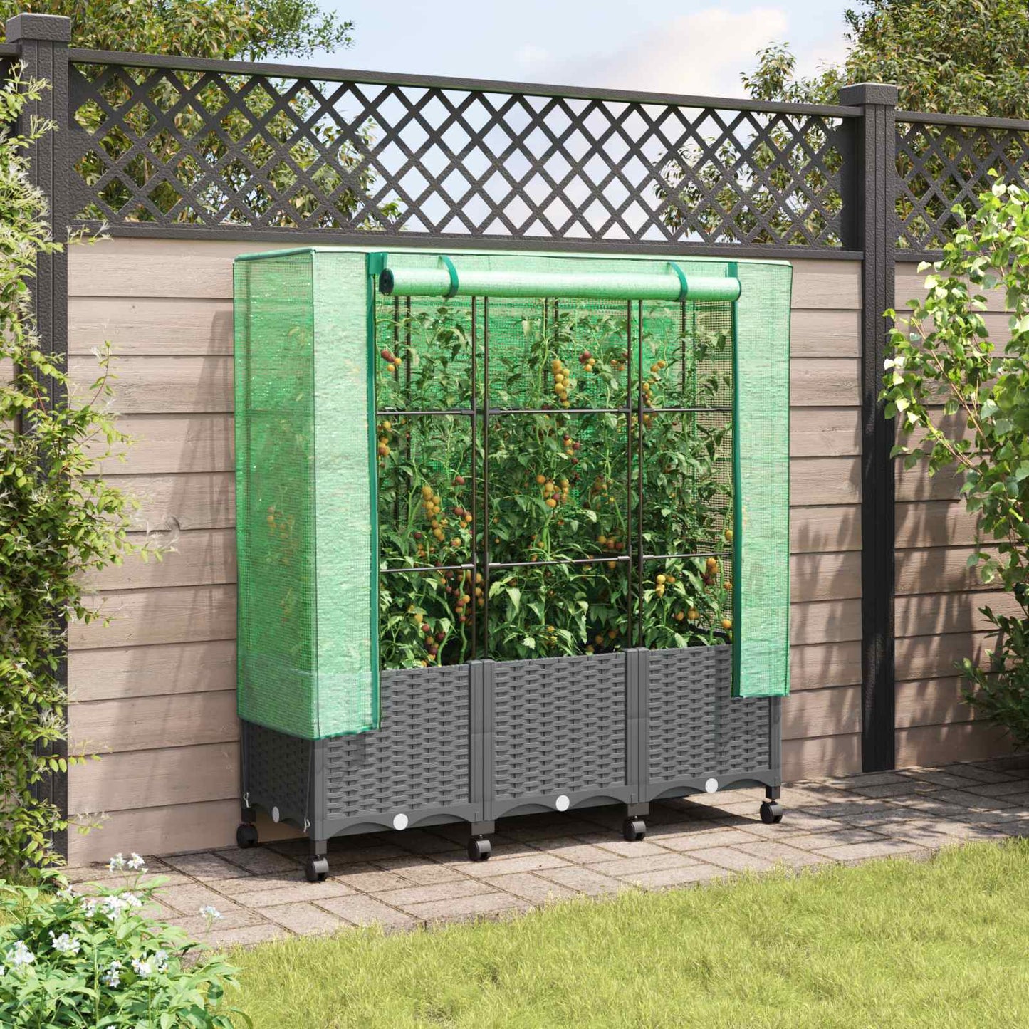 Tuinplantenbak met Kasbedekking en Wielen 3 st Lichtgrijs PP