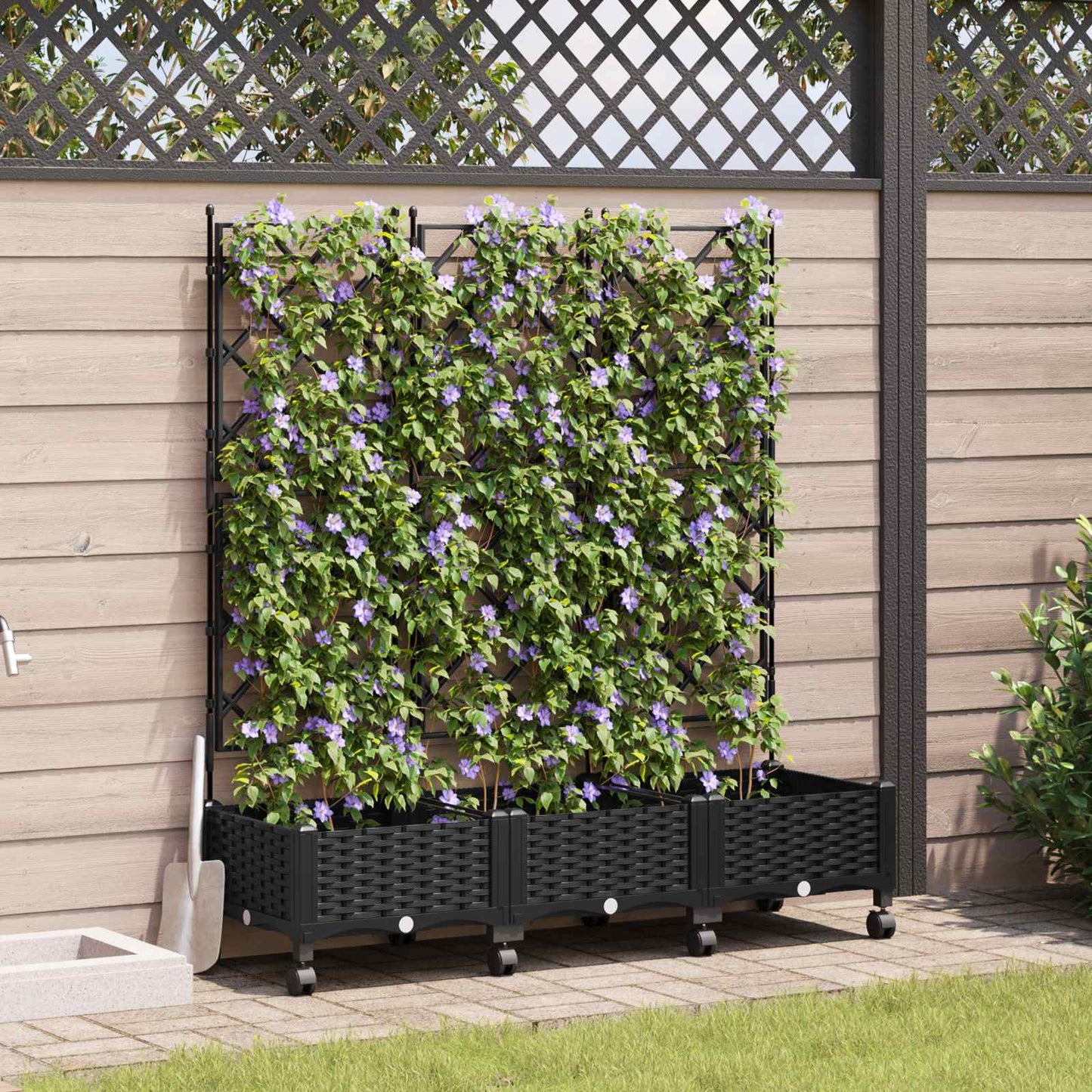 Tuinplantbak met schutting en wielen 3 st Zwart PP is nu te koop bij PeponiXL, paradijselijk wonen!