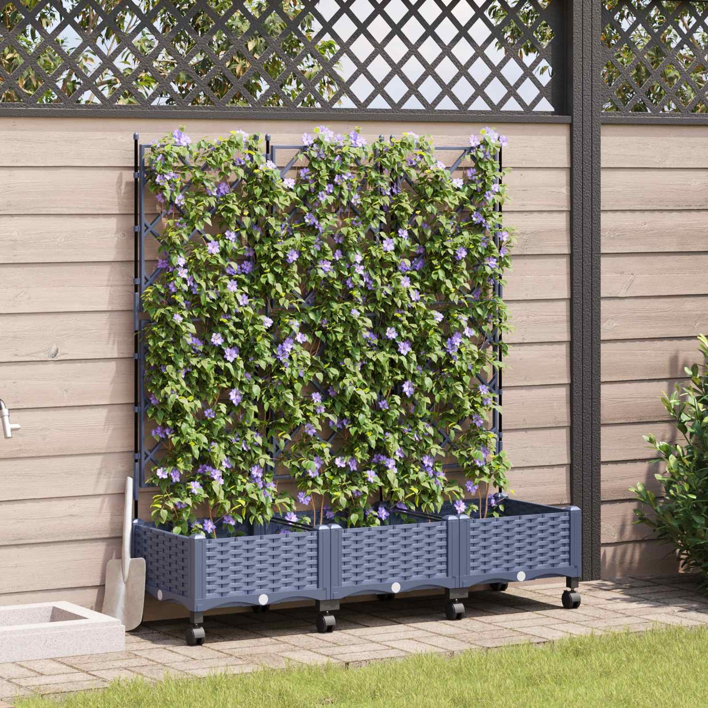Tuinplantbak met schutting en wielen 3 st Grijs PP is nu te koop bij PeponiXL, paradijselijk wonen!