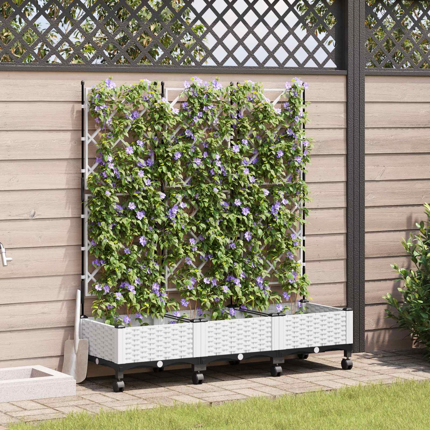 Tuinplantbak met schutting en wielen 3 st Wit PP is nu te koop bij PeponiXL, paradijselijk wonen!