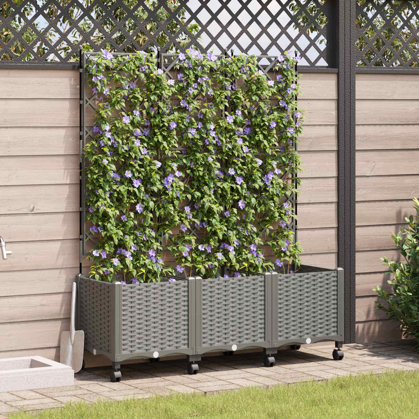Tuinplantbak met schutting en wielen 3 st Lichtgrijs PP is nu te koop bij PeponiXL, paradijselijk wonen!