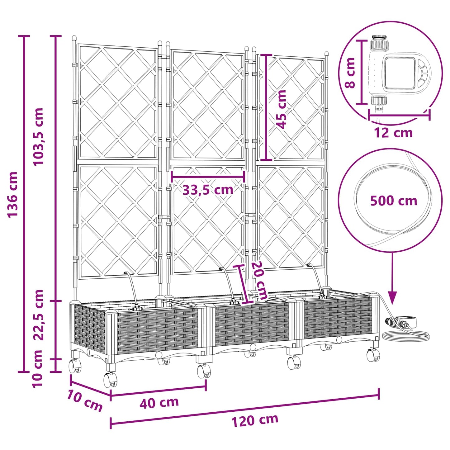 Tuin Pot met Irrigatie en Wielen 3 st Zwart 120 x 40 x 132 cm is nu te koop bij PeponiXL, paradijselijk wonen!