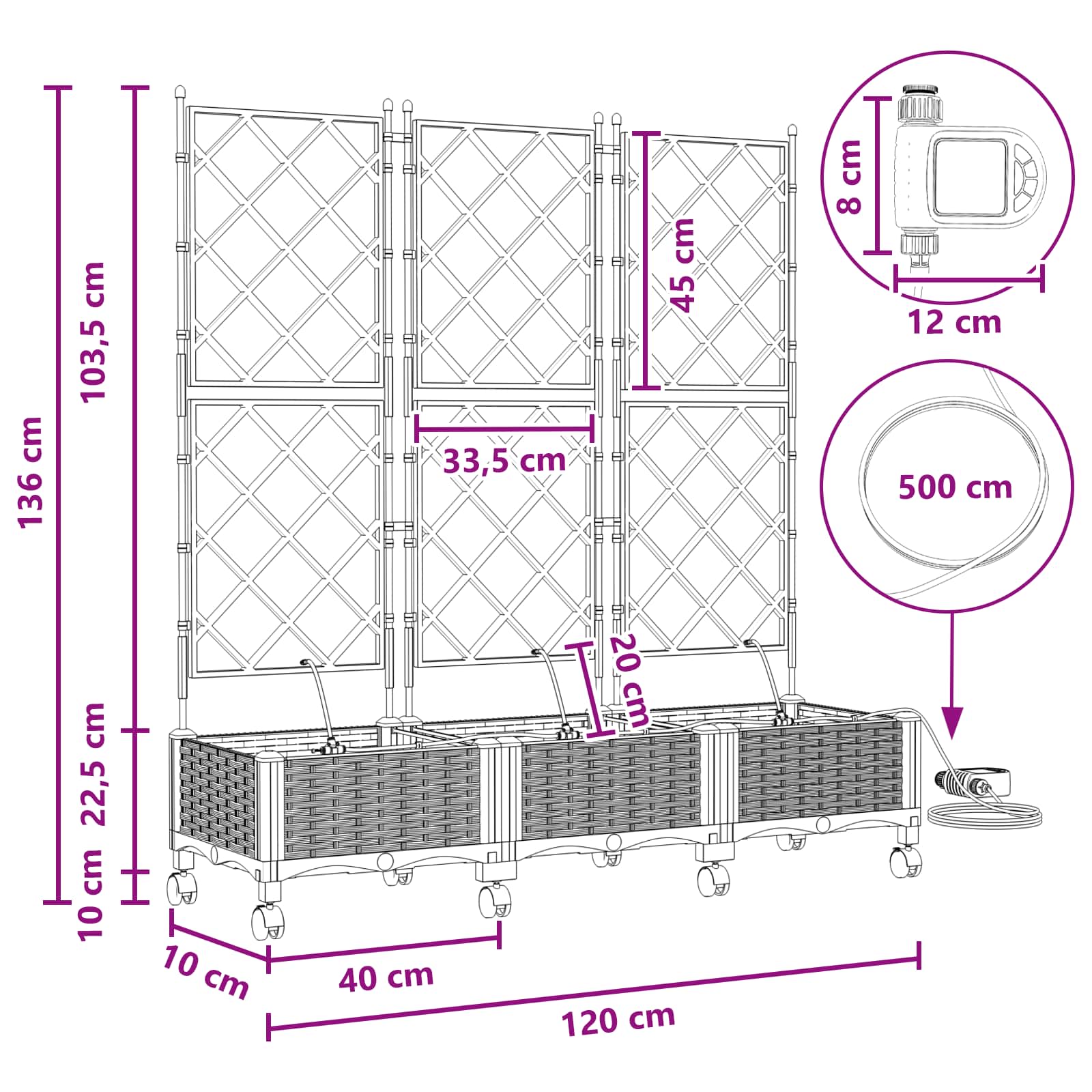 Tuin Pot met Irrigatie en Wielen 3 st Zwart 120 x 40 x 132 cm is nu te koop bij PeponiXL, paradijselijk wonen!