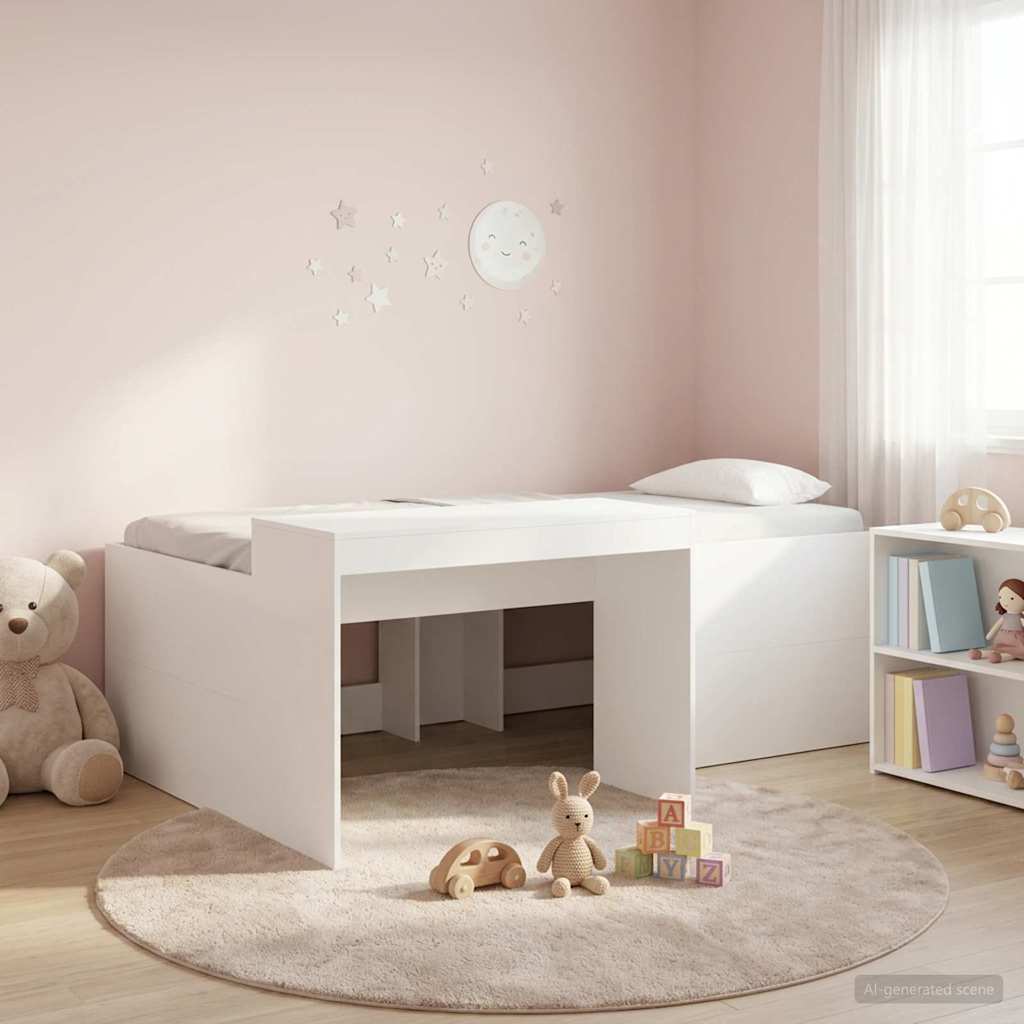 Hoge Bed Frame met Bureau voor Kinderen Wit Bewerkt hout