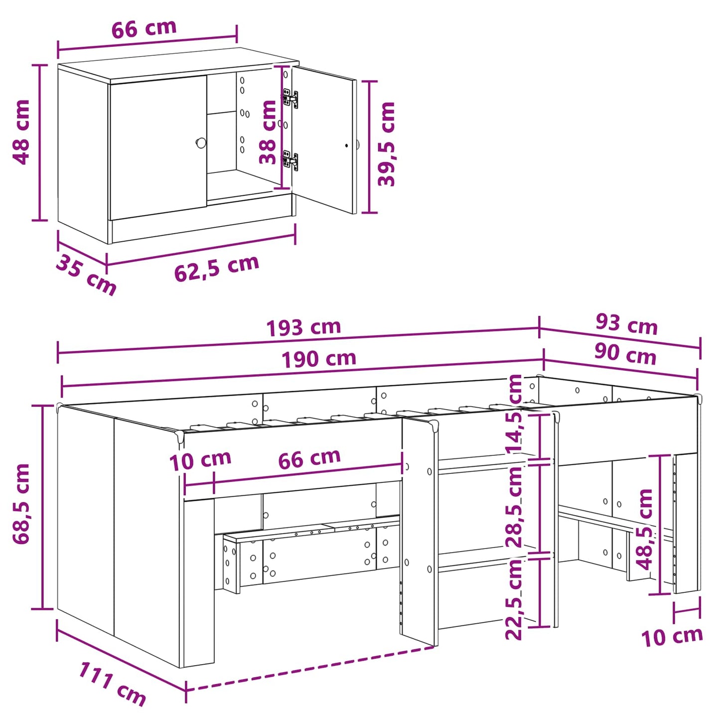 Loft Bed Frame met Kast met opslag 3 st Wit Bewerkt hout
