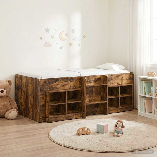 Loft Bed Frame met Kast 3 st Gerookt eiken Bewerkt hout is nu te koop bij PeponiXL, paradijselijk wonen!