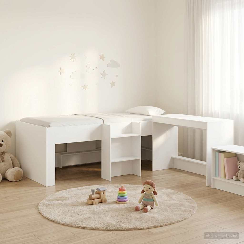 Hoge Bed Frame met Bureau voor Kinderen 2 st Wit Bewerkt hout