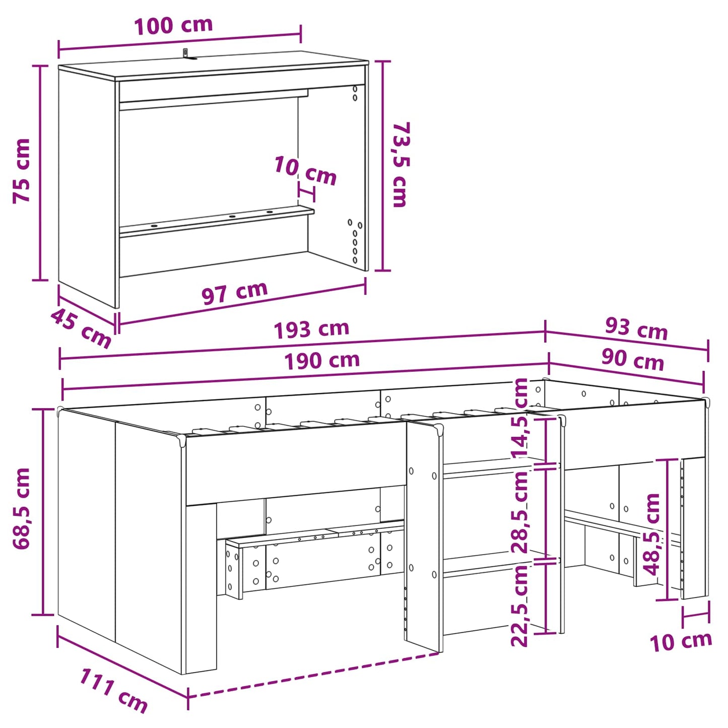 Hoge Bed Frame met Bureau voor Kinderen 2 st Wit Bewerkt hout