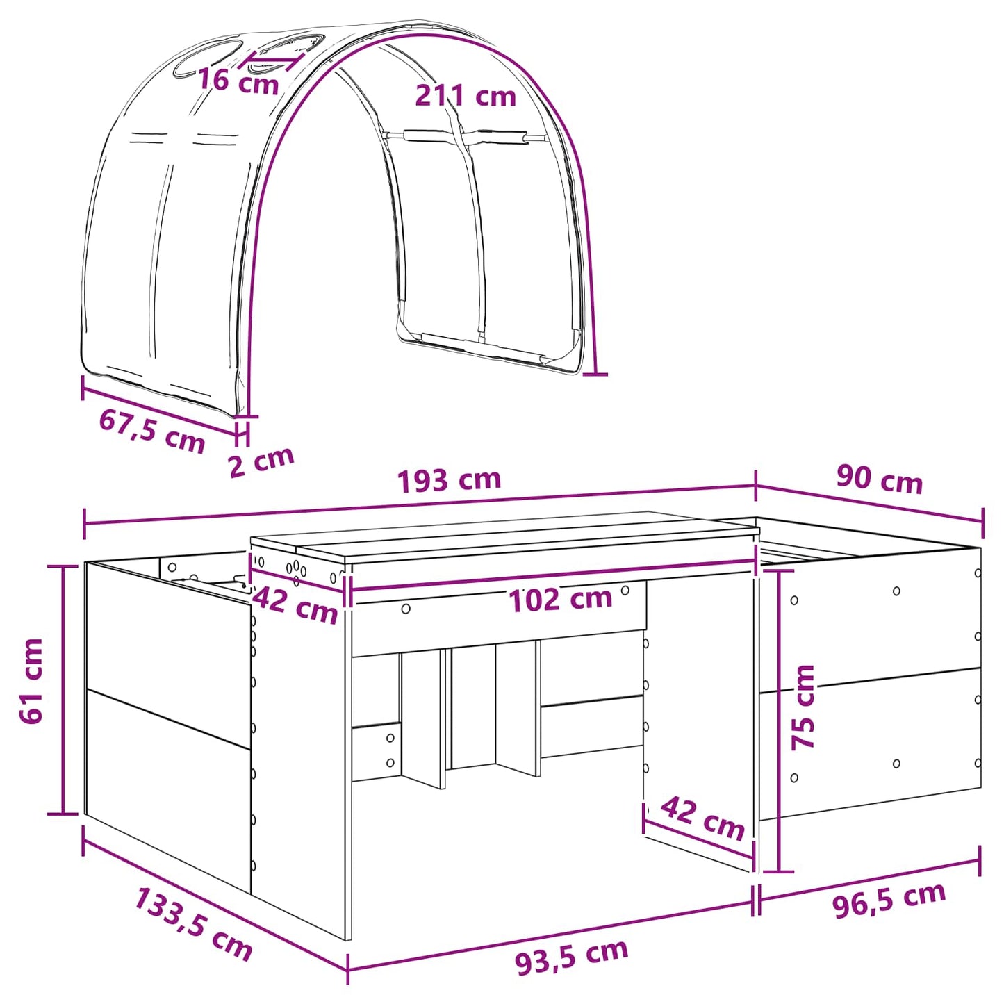 Hoge Bed Frame met Bureau voor Kinderen 3 st Wit en zwart