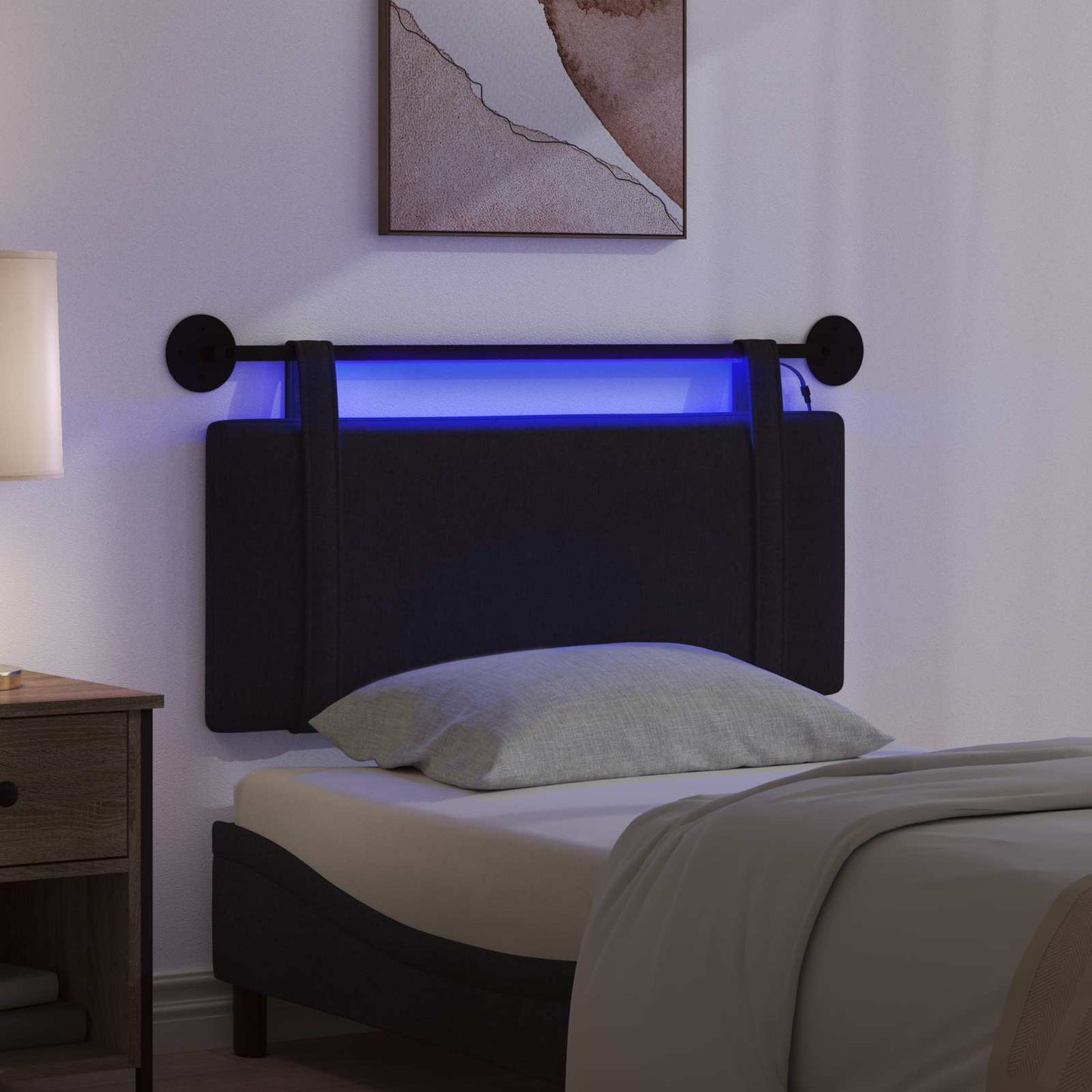 Hangend hoofdbord Met LED-verlichting Zwart Stof is nu te koop bij PeponiXL, paradijselijk wonen!