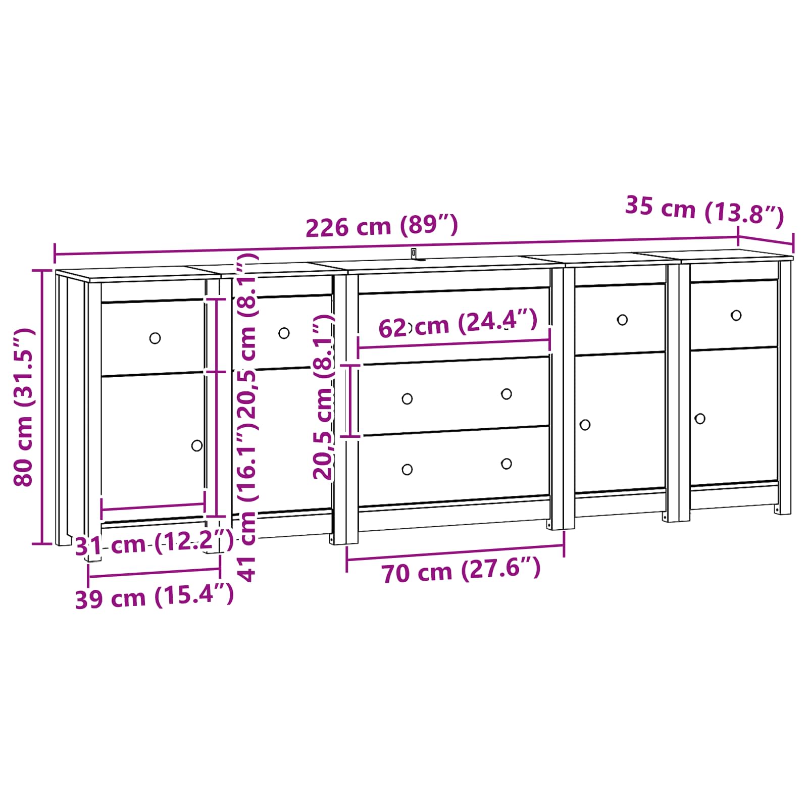 Dressoir met lade 5 pcs Waskleur Bruin Massief grenenhout is nu te koop bij PeponiXL, paradijselijk wonen!