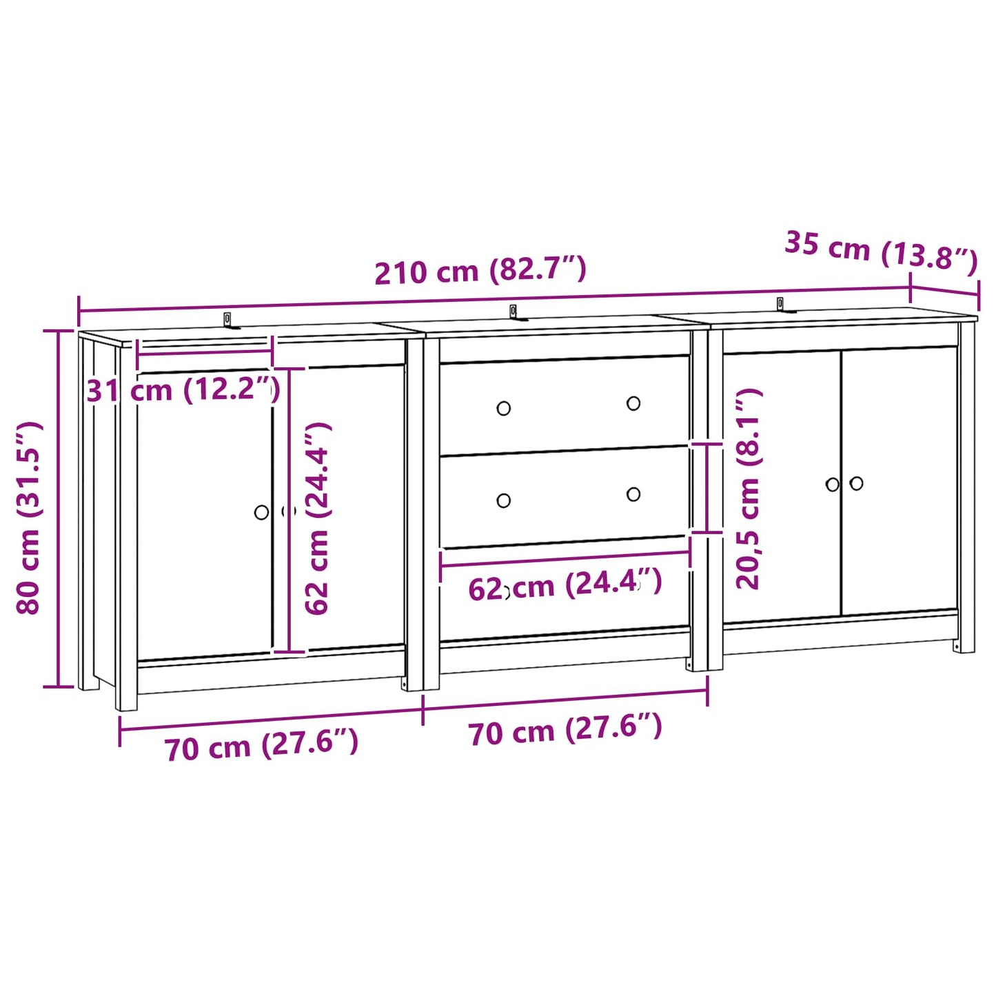 Dressoir met lade 3 pcs Wasbruin Massief grenenhout is nu te koop bij PeponiXL, paradijselijk wonen!