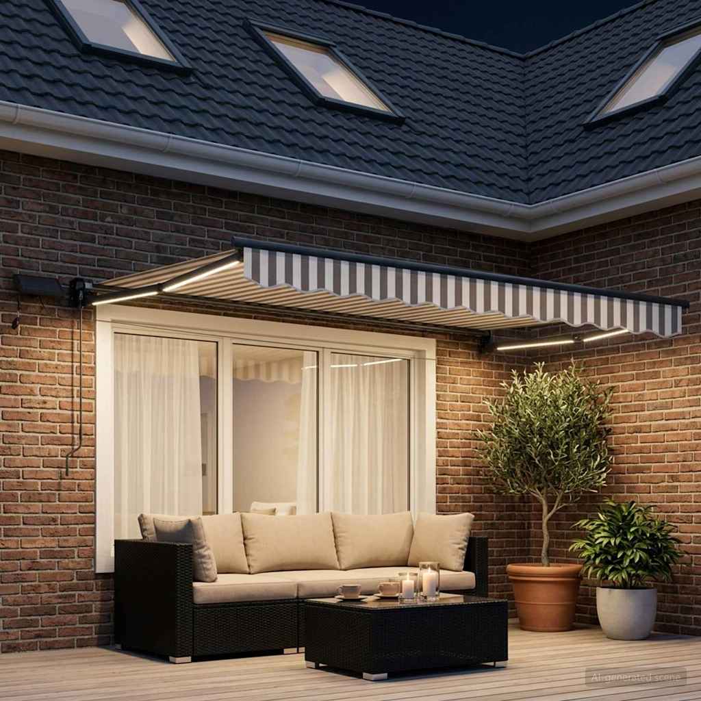 Handbediende luifel met LED's Lichtgrijs en wit. is nu te koop bij PeponiXL, paradijselijk wonen!