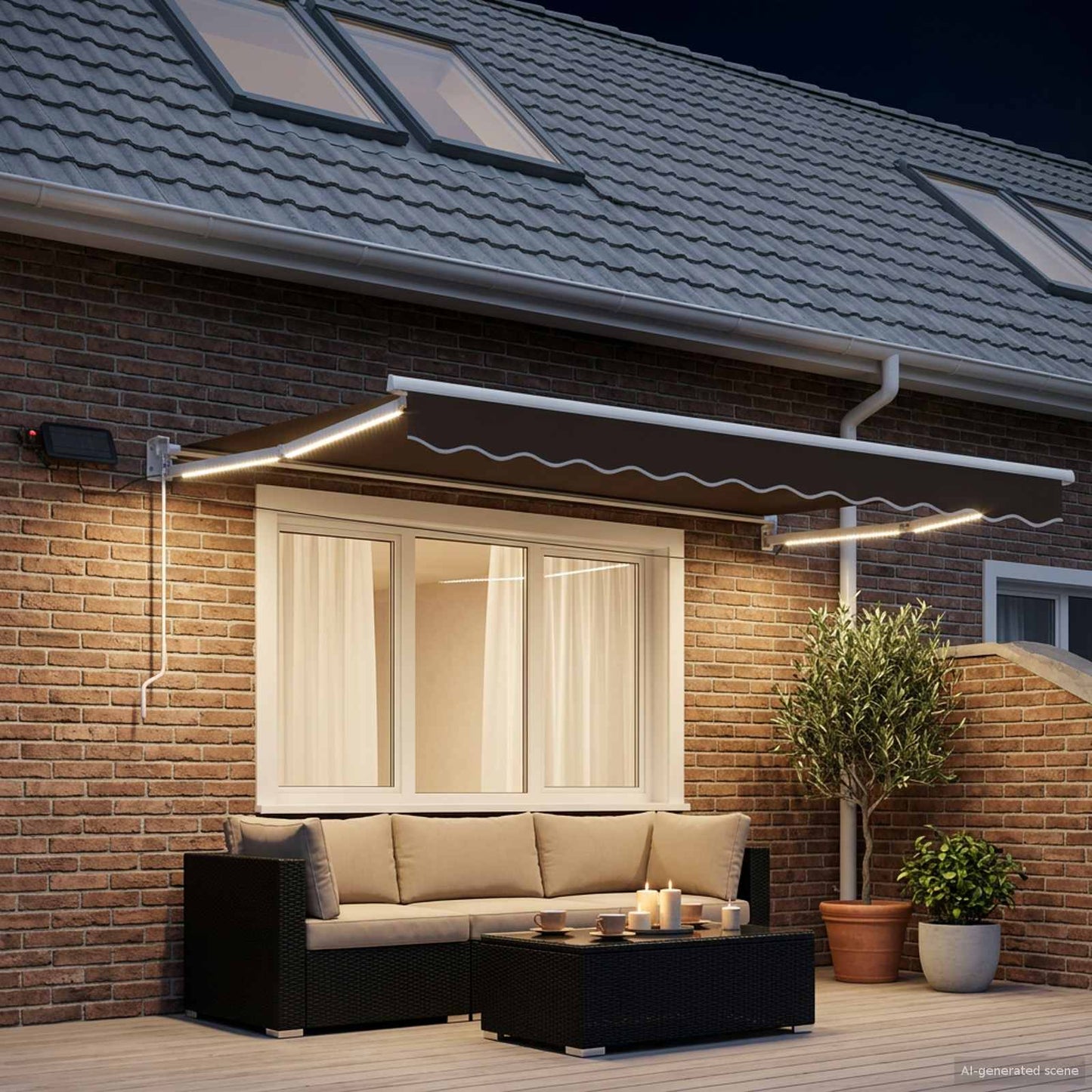 Handbediende luifel met LED's Taupe 100% Polyester en Aluminium
