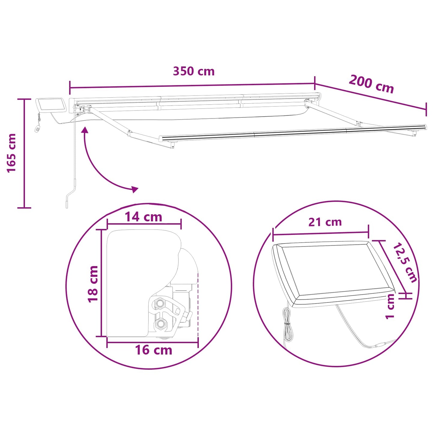 Handmatige Luifelhouder met LED's Lichtgrijs en wit. 3,5 x 2 m