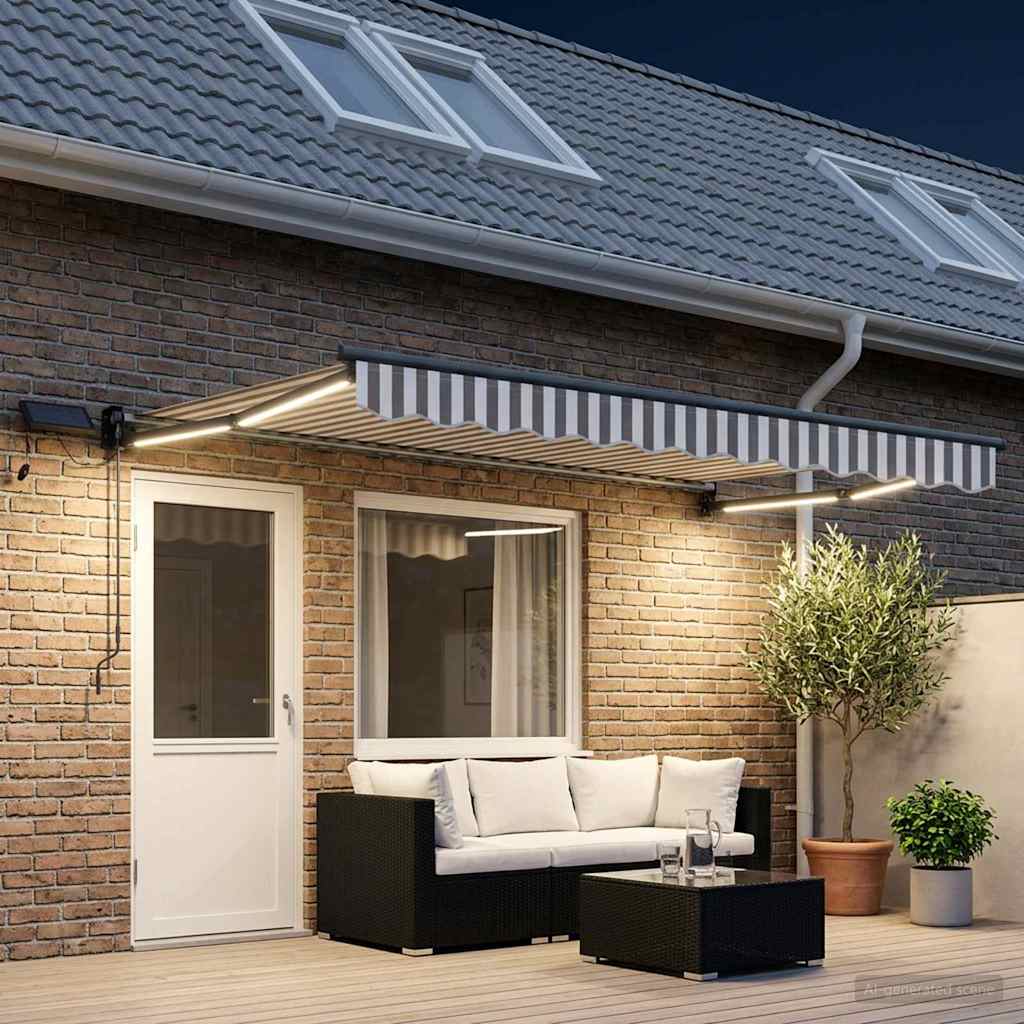 Handbediende luifel met LED's Lichtgrijs en wit. is nu te koop bij PeponiXL, paradijselijk wonen!