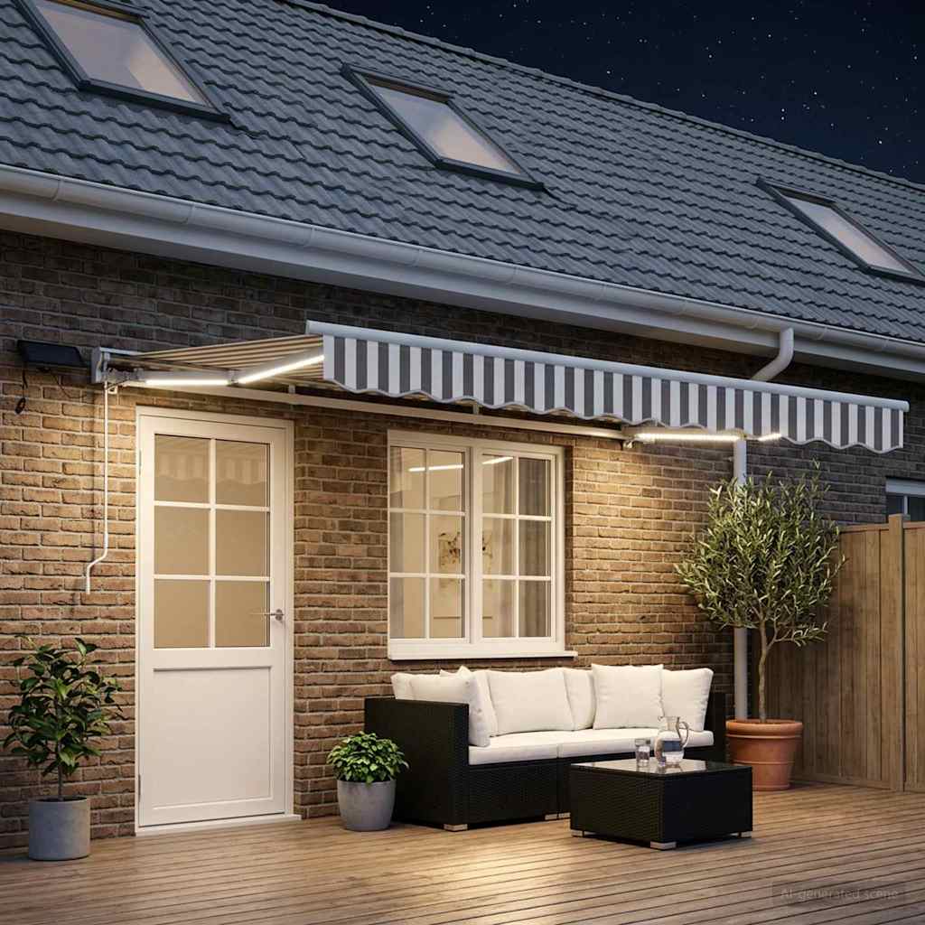 Handmatige Luifelhouder met LED's Lichtgrijs en wit. 5 × 3,5 m is nu te koop bij PeponiXL, paradijselijk wonen!