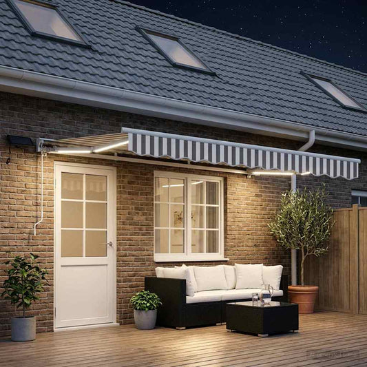 Handmatige Luifelhouder met LED's Lichtgrijs en wit. 5 × 3,5 m is nu te koop bij PeponiXL, paradijselijk wonen!