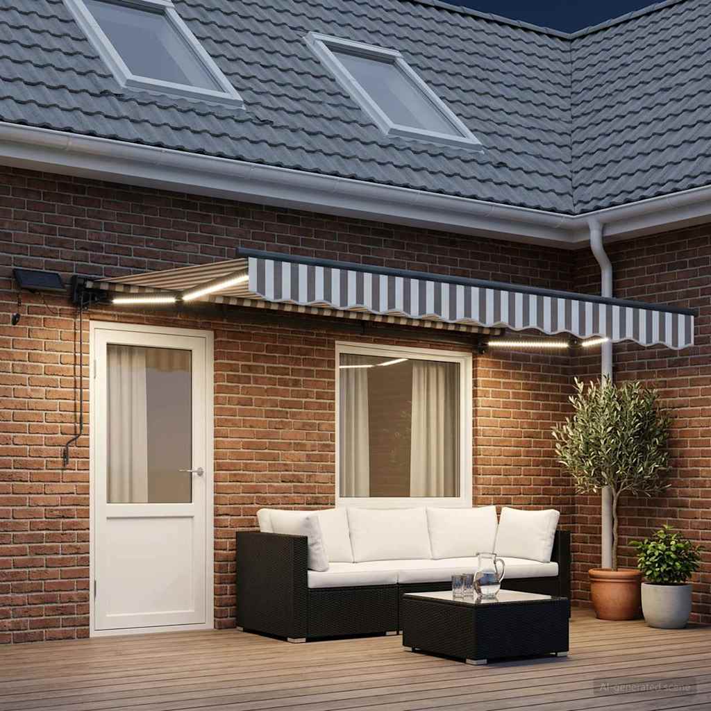 Handmatige Luifelhouder met LED's Lichtgrijs en wit. 5 × 3,5 m is nu te koop bij PeponiXL, paradijselijk wonen!