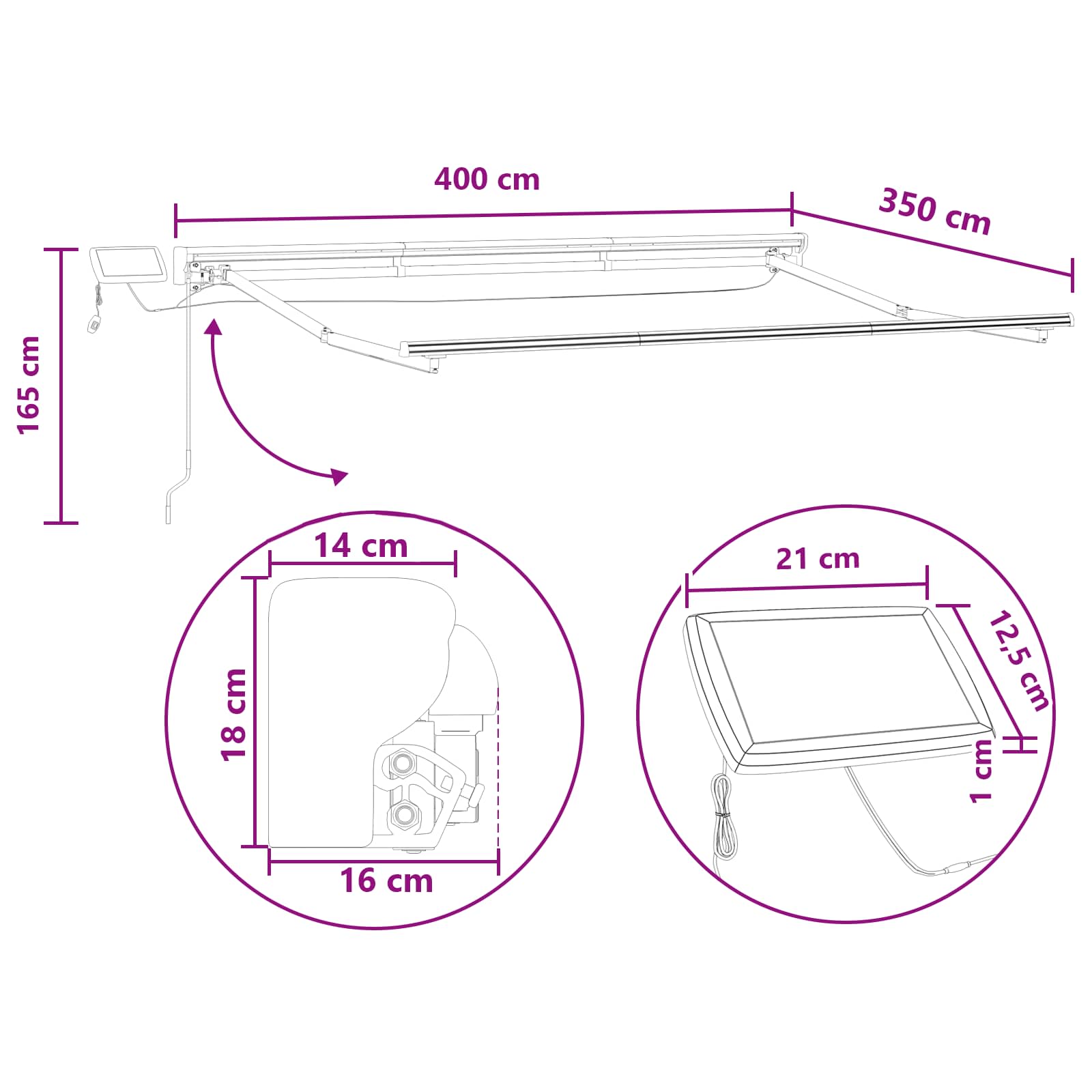 Handmatige Luifelhouder met LED's Lichtgrijs en wit. 4 × 3,5 m is nu te koop bij PeponiXL, paradijselijk wonen!