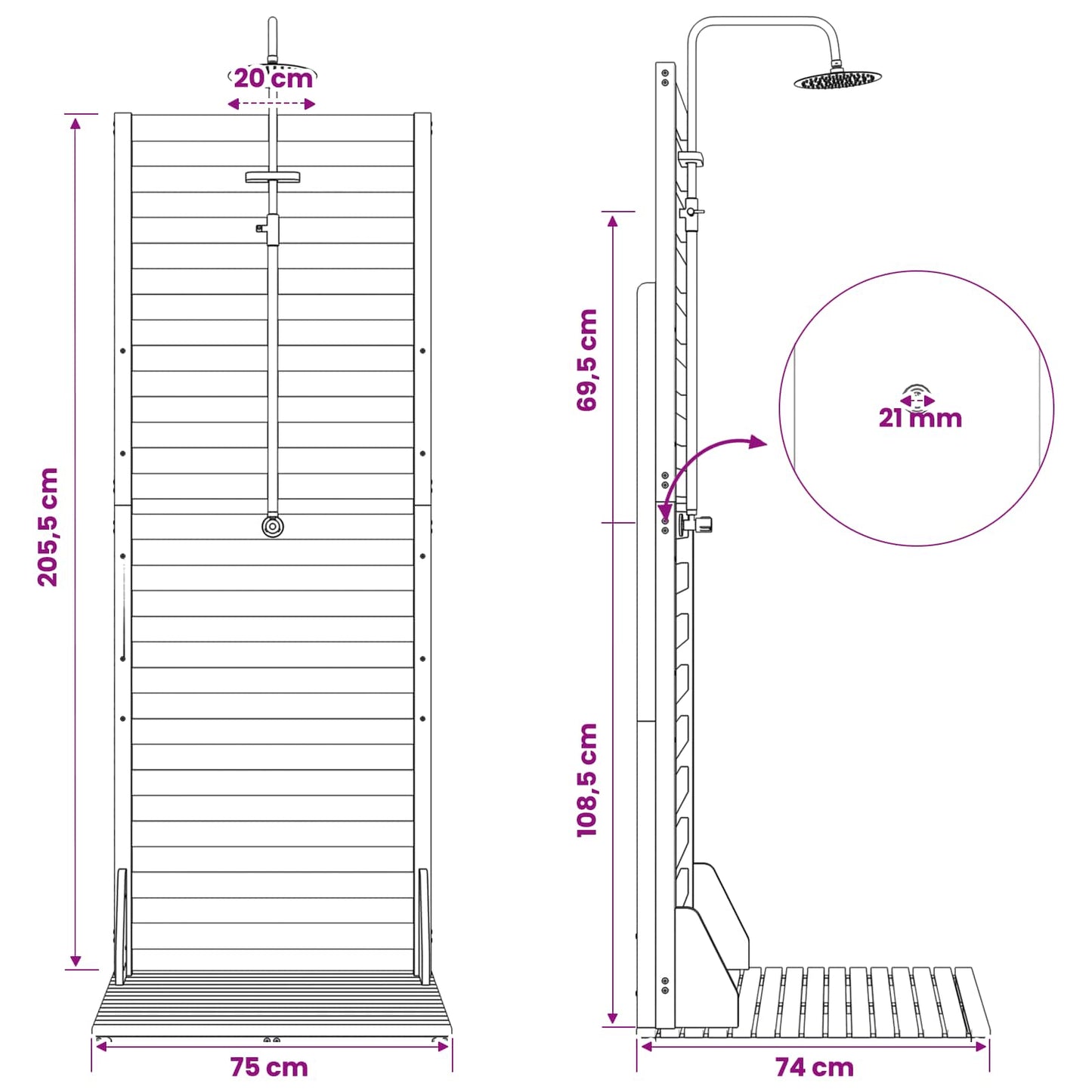 Buitendouche 205,5 cm Massief acaciahout en roestvrij staal Wit