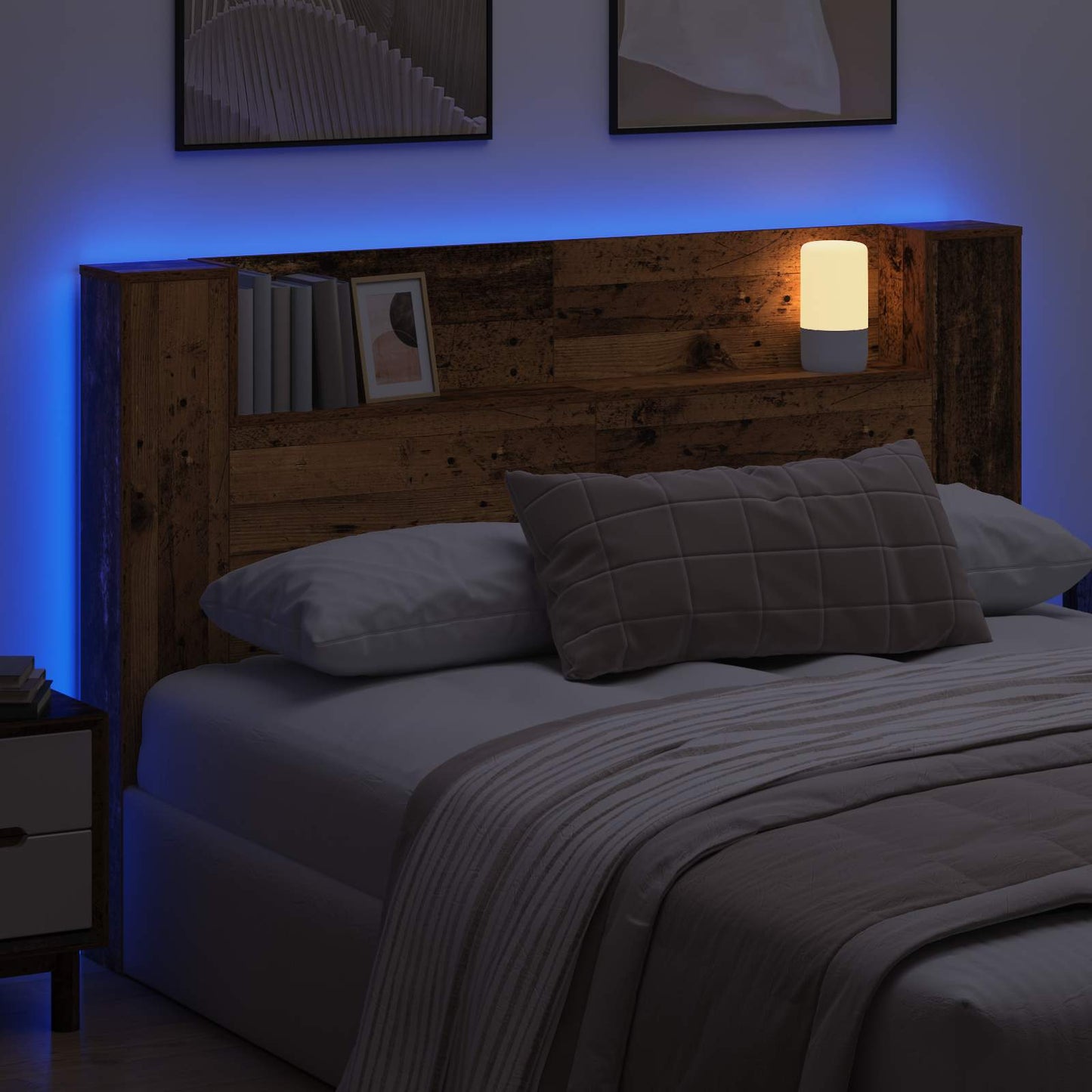 Hoofdbord met opbergruimte en LED Oud hout 160 cm Bewerkt hout is nu te koop bij PeponiXL, paradijselijk wonen!