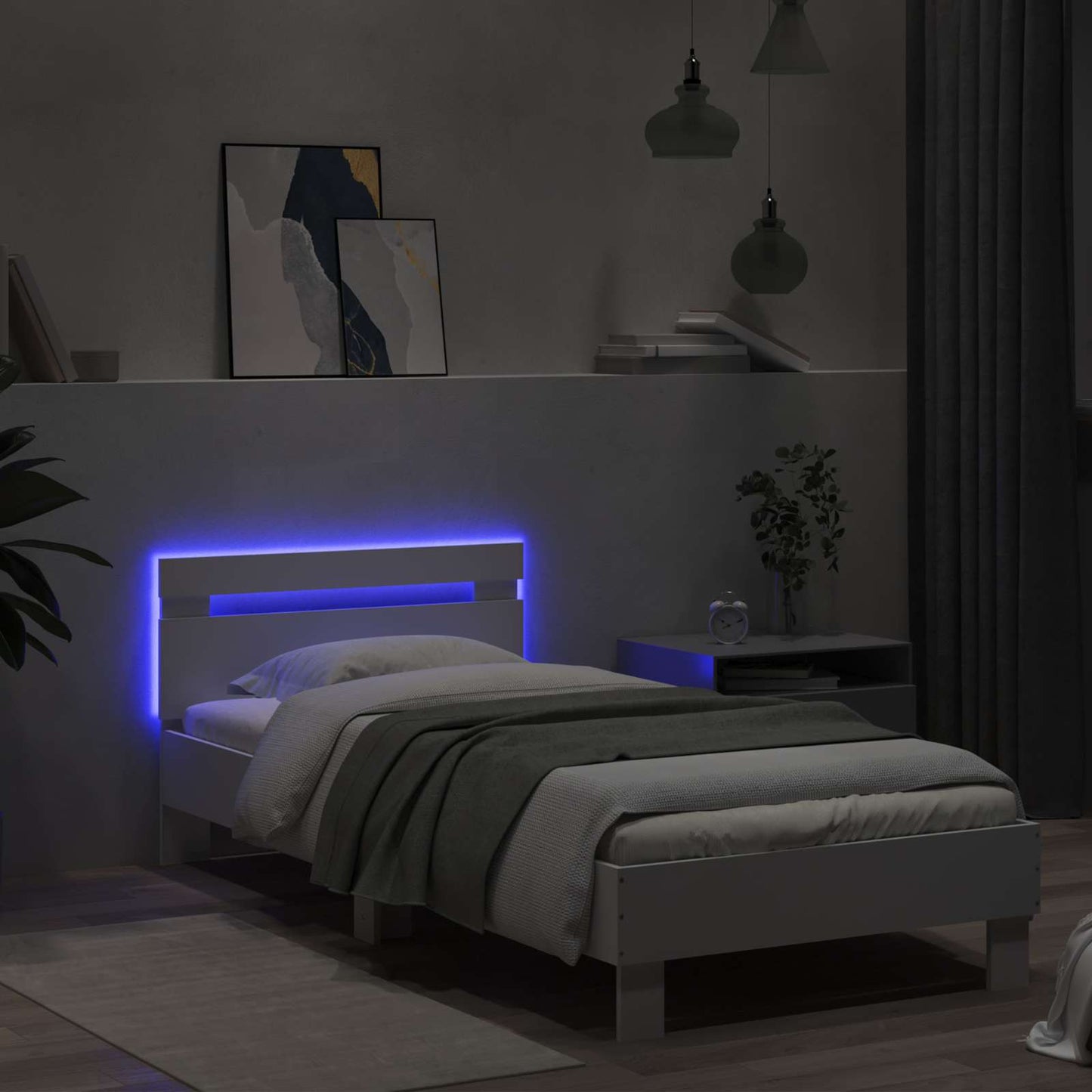 Bedframe met LED-stripverlichting Wit Bewerkt hout
