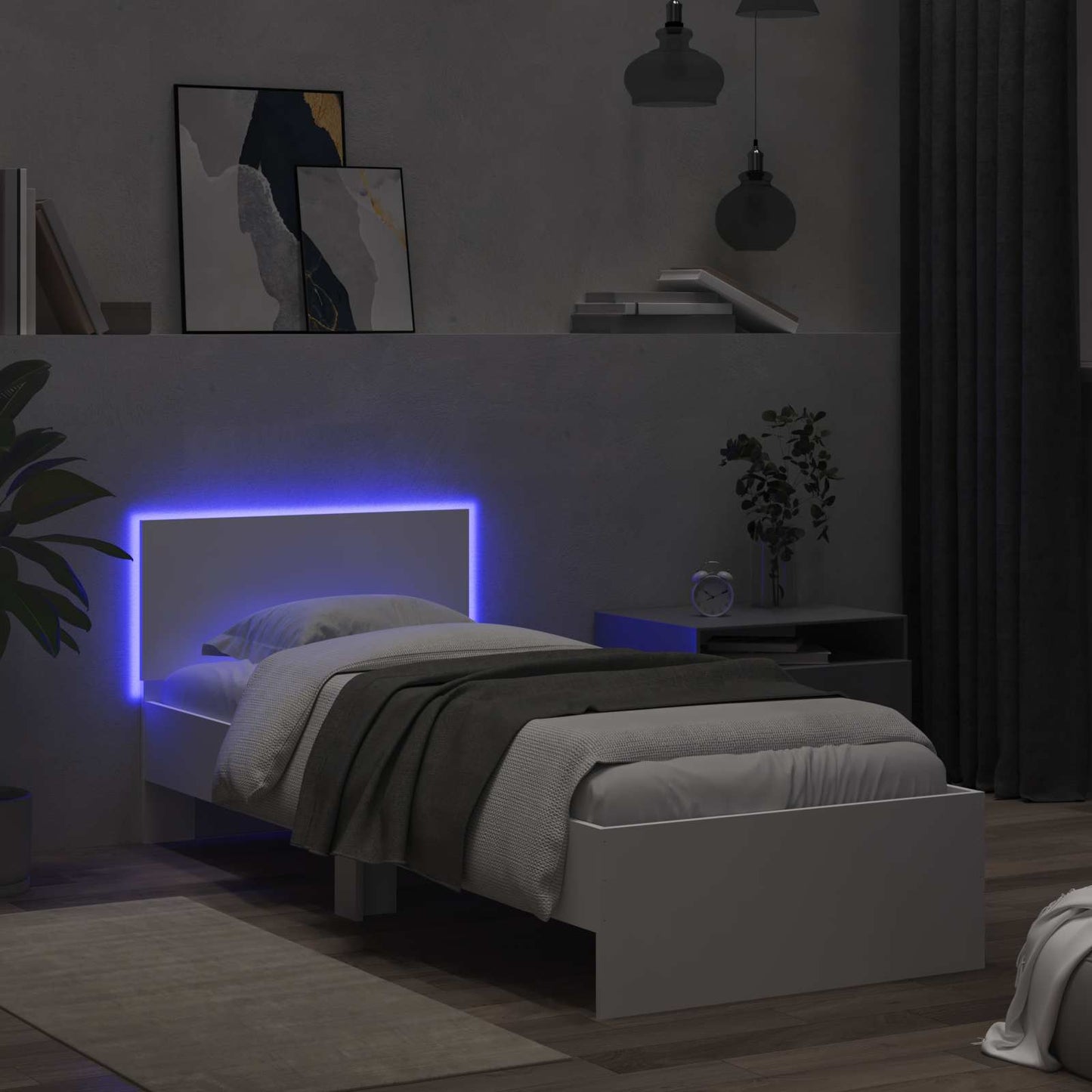 Bedframe met LED-stripverlichting Wit Bewerkt hout