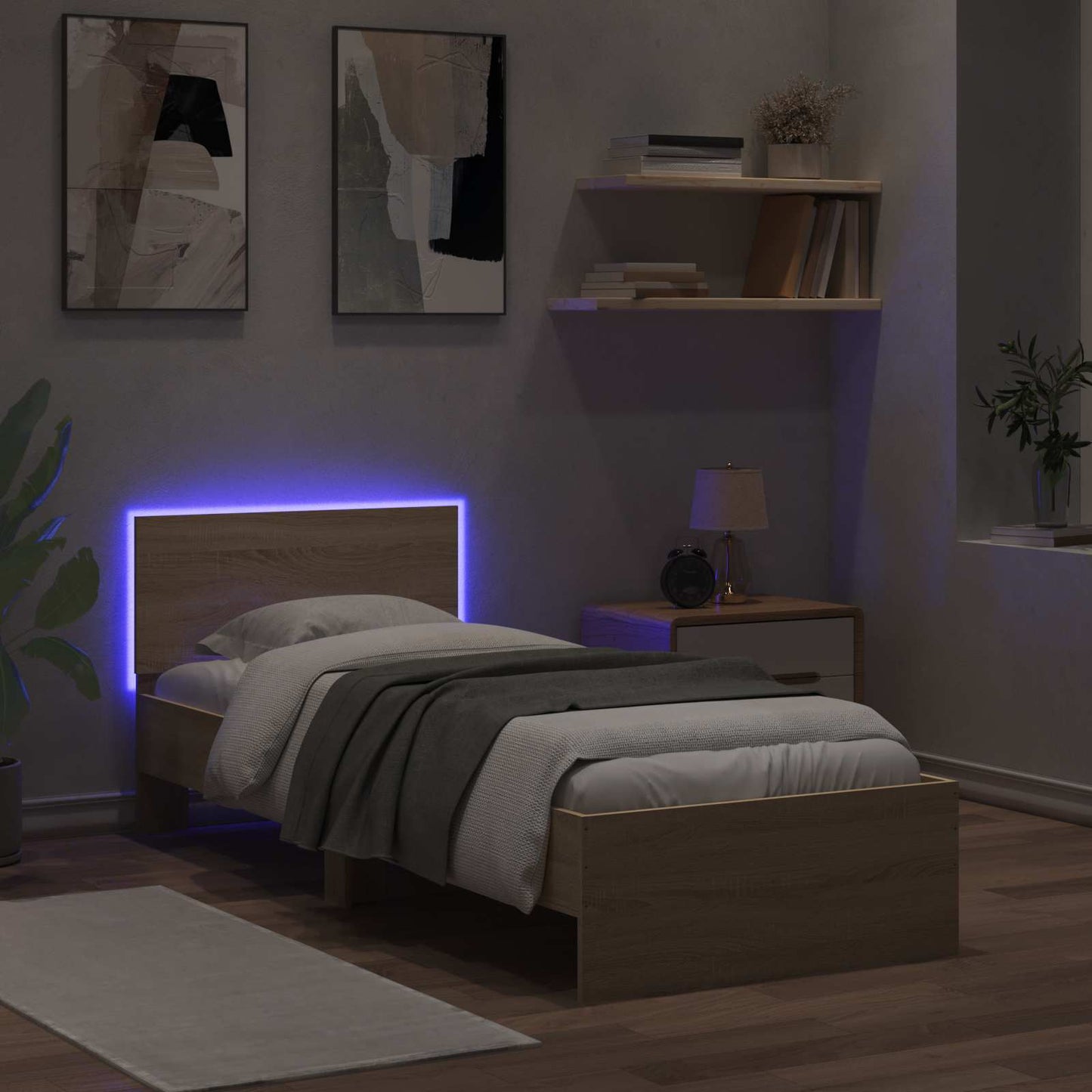 Bedframe met LED-stripverlichting Sonoma Eiken Bewerkt hout
