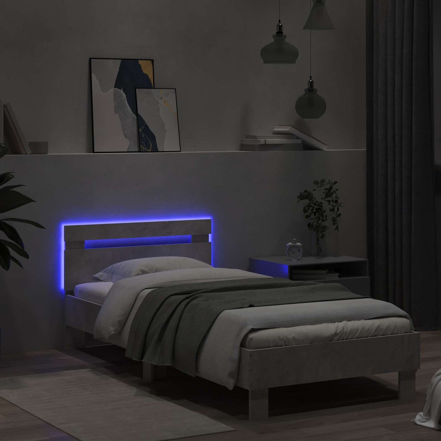 Bedframe met LED-stripverlichting Betongrijs Bewerkt hout