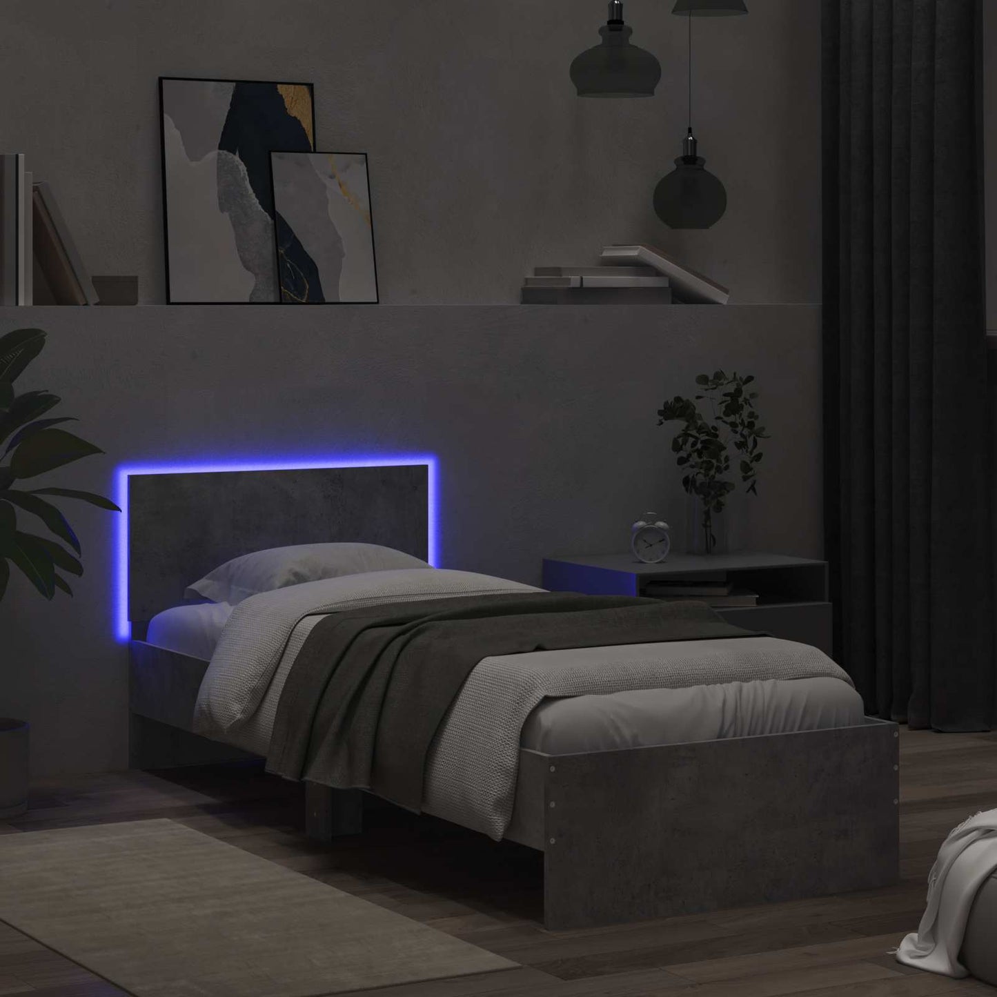 Bedframe met LED-stripverlichting Betongrijs Bewerkt hout