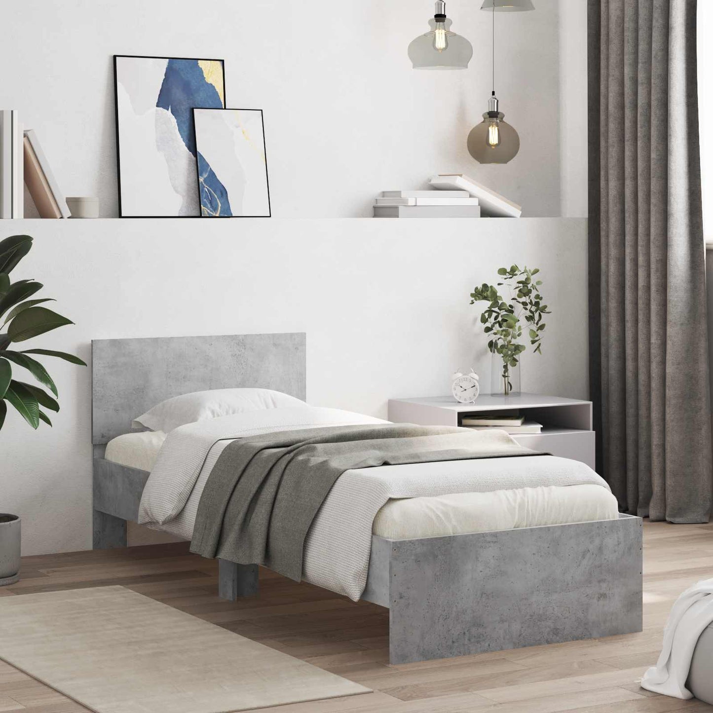 Bedframe met LED-stripverlichting Betongrijs Bewerkt hout
