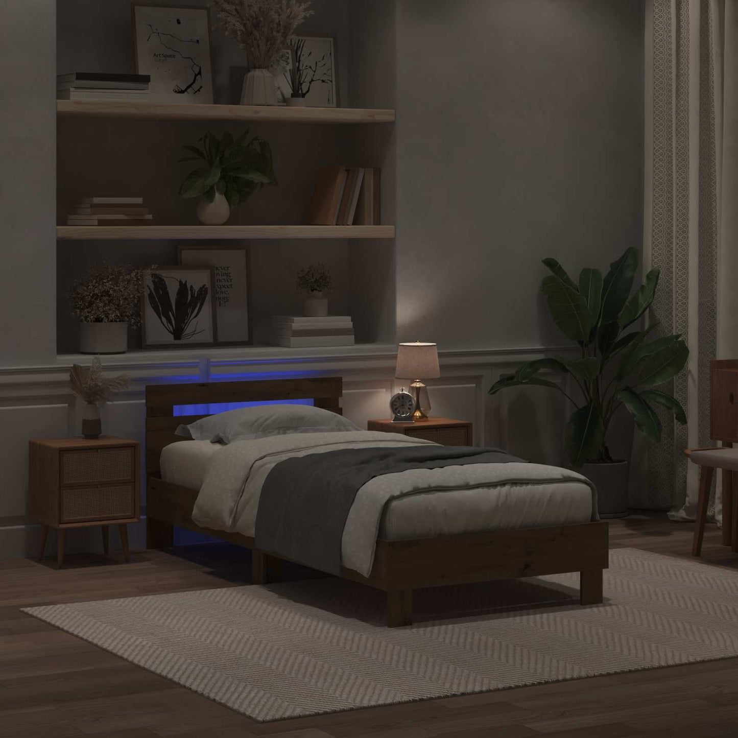 Bedframe met LED-stripverlichting Artisanaal eiken Bewerkt hout