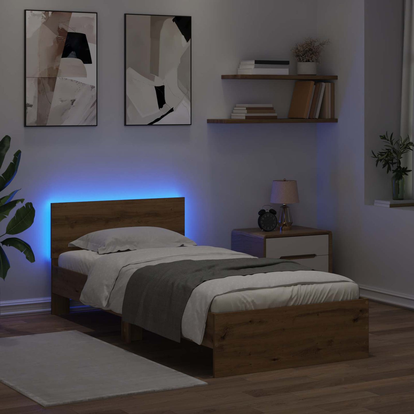 Bedframe met LED-stripverlichting Artisanaal eiken Bewerkt hout