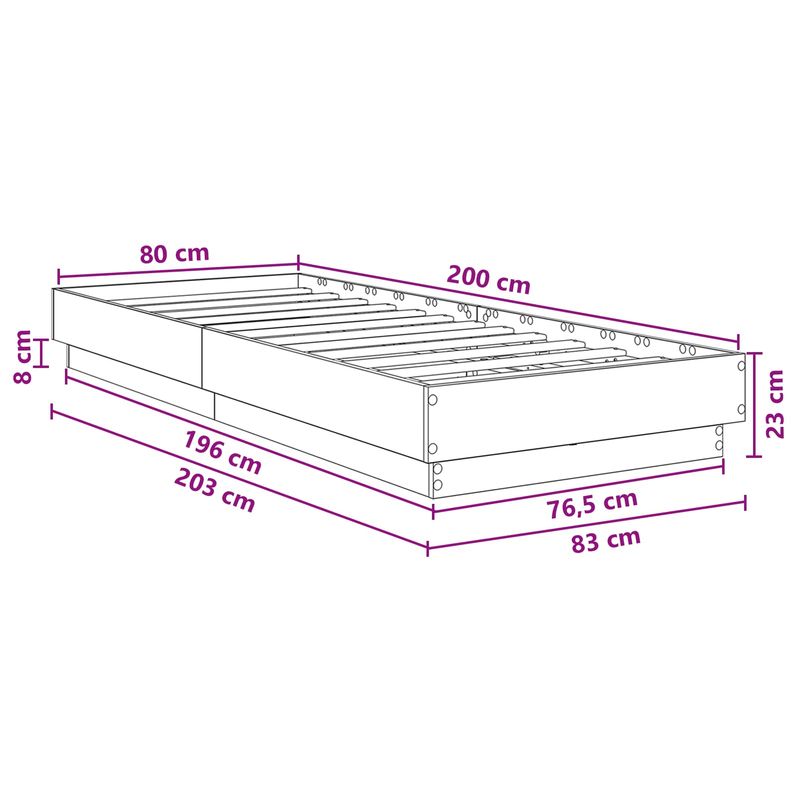 Bed Frame met LED Sonoma Eiken 80 x 200 cm Bewerkt hout is nu te koop bij PeponiXL, paradijselijk wonen!