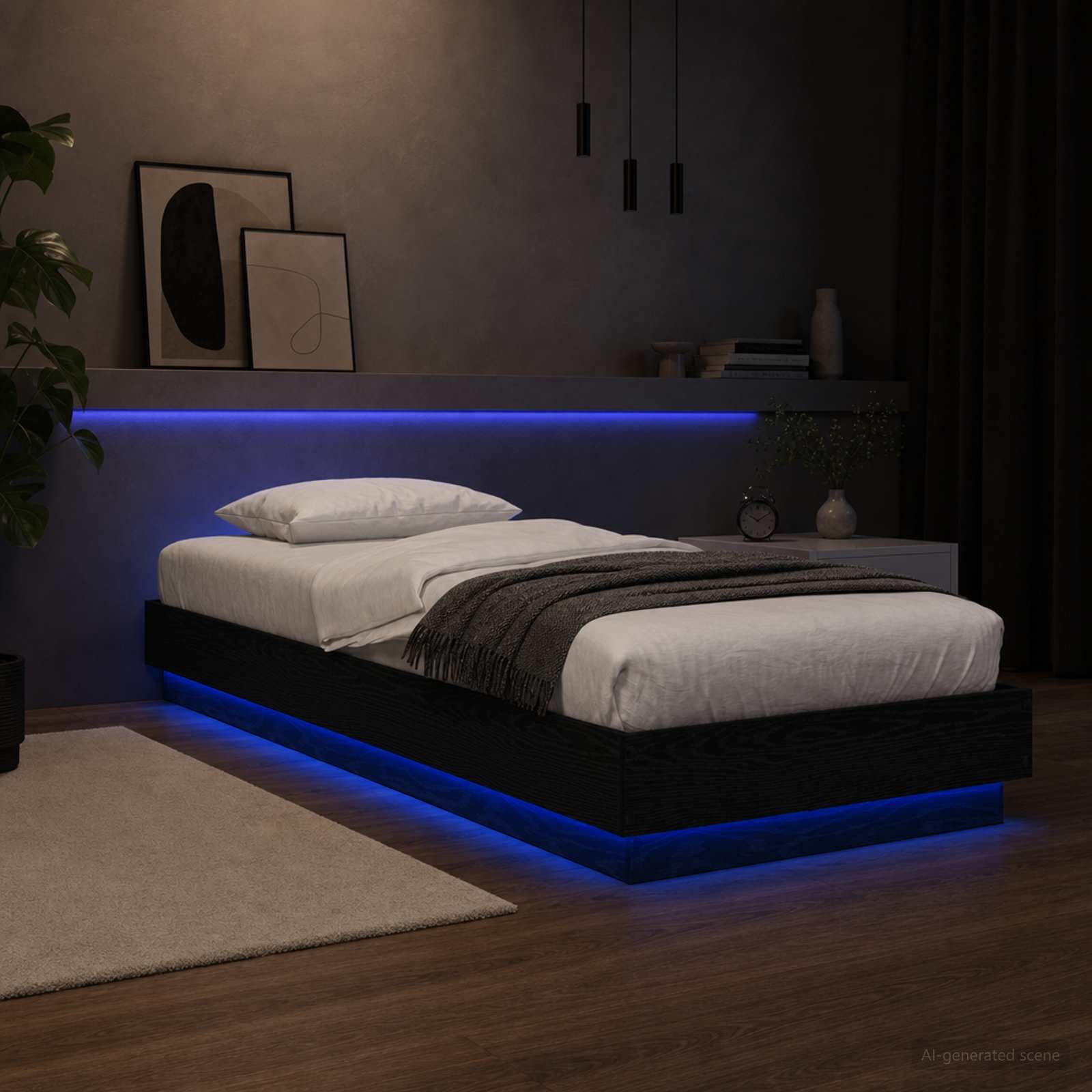 Bed Frame met LED Zwart eiken 80 x 200 cm Bewerkt hout is nu te koop bij PeponiXL, paradijselijk wonen!