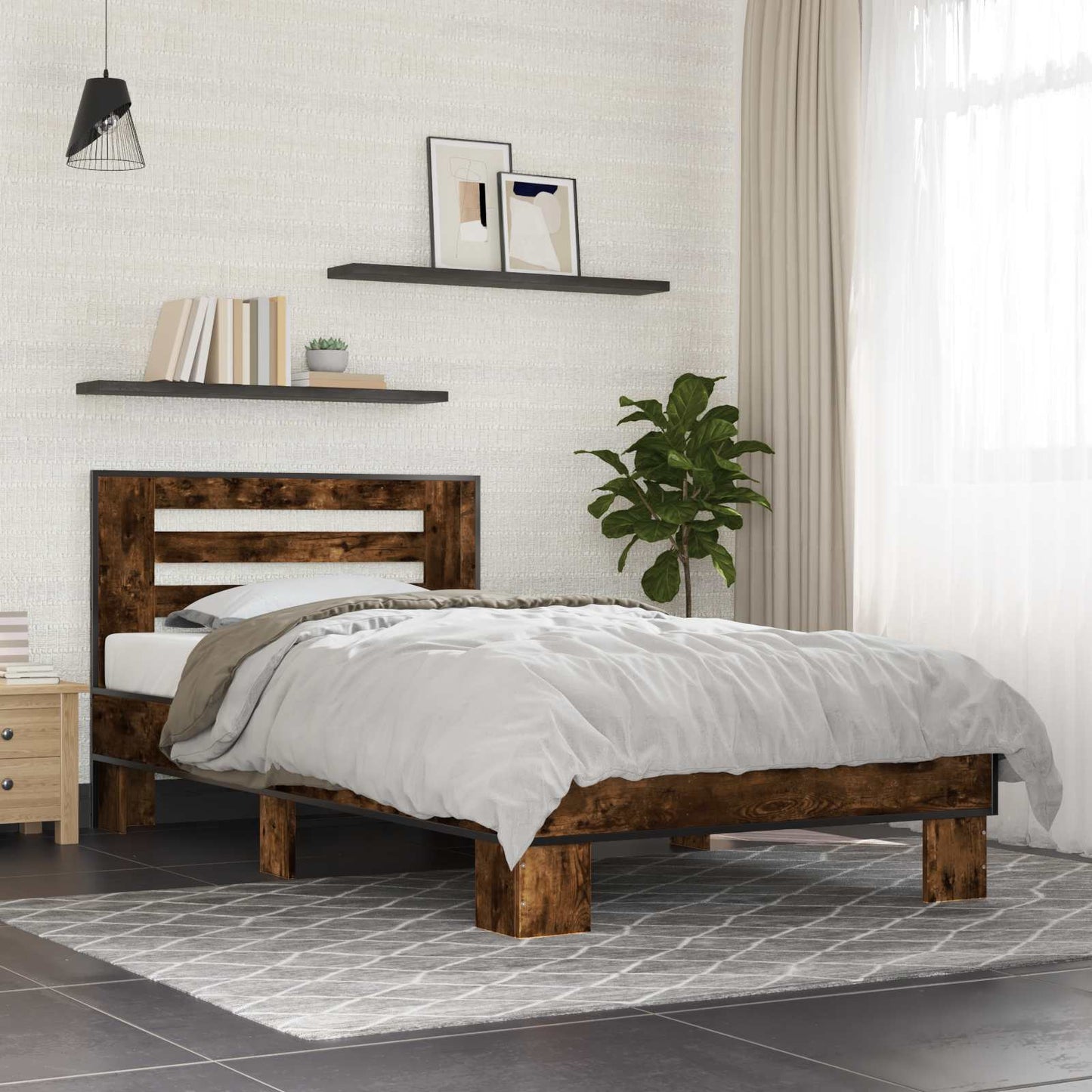 Bedframe met Hoofdeinde Gerookt eiken 80 x 200 cm Bewerkt hout is nu te koop bij PeponiXL, paradijselijk wonen!