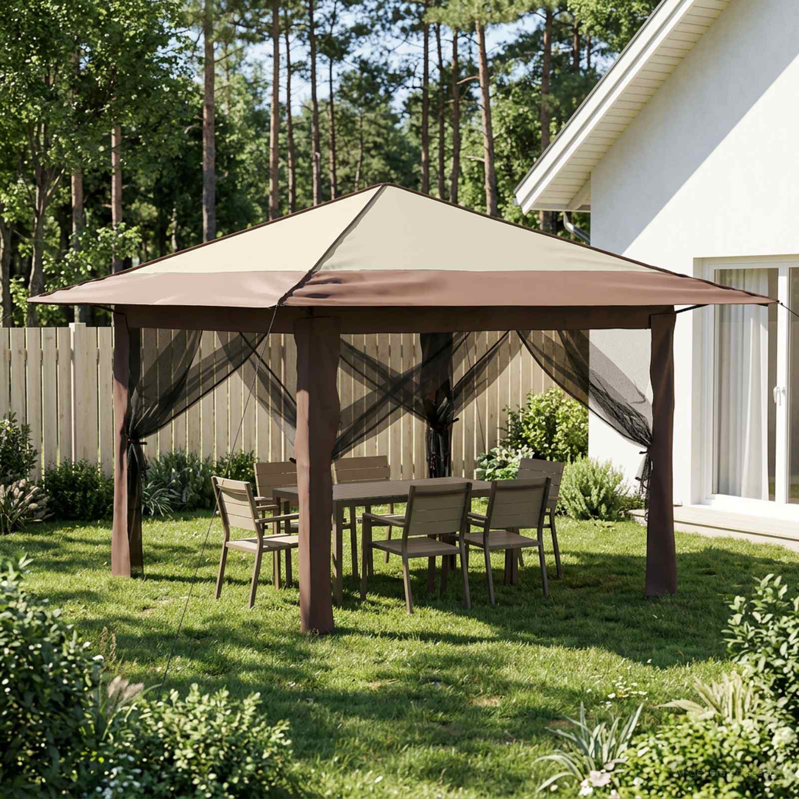 Gazebo met 4 Zijwanden 3,3 x 3,3 m Crème en bruin is nu te koop bij PeponiXL, paradijselijk wonen!