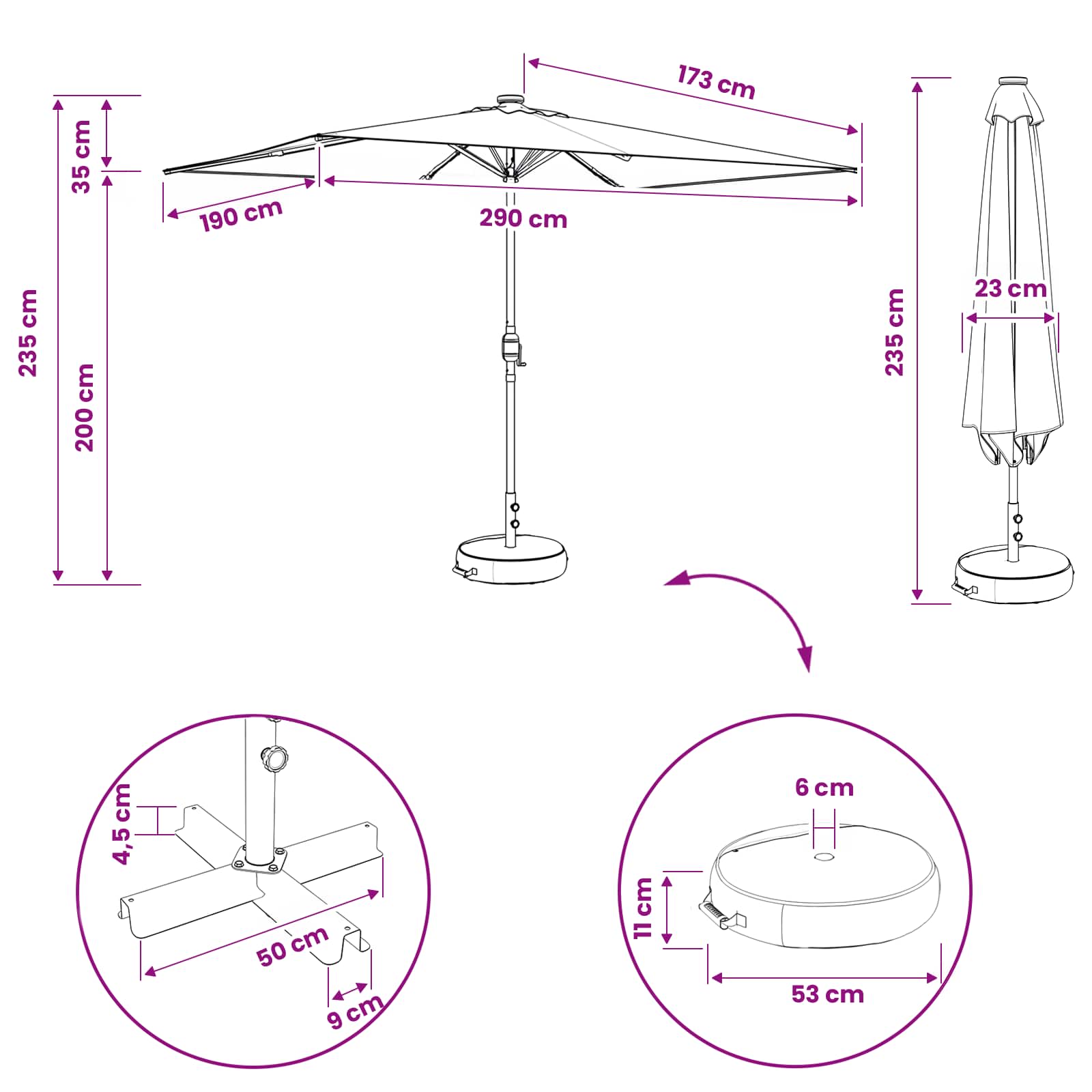 Tuinparasol met LED-lampen en voet 200 x 300 cm Polyester Zwart is nu te koop bij PeponiXL, paradijselijk wonen!