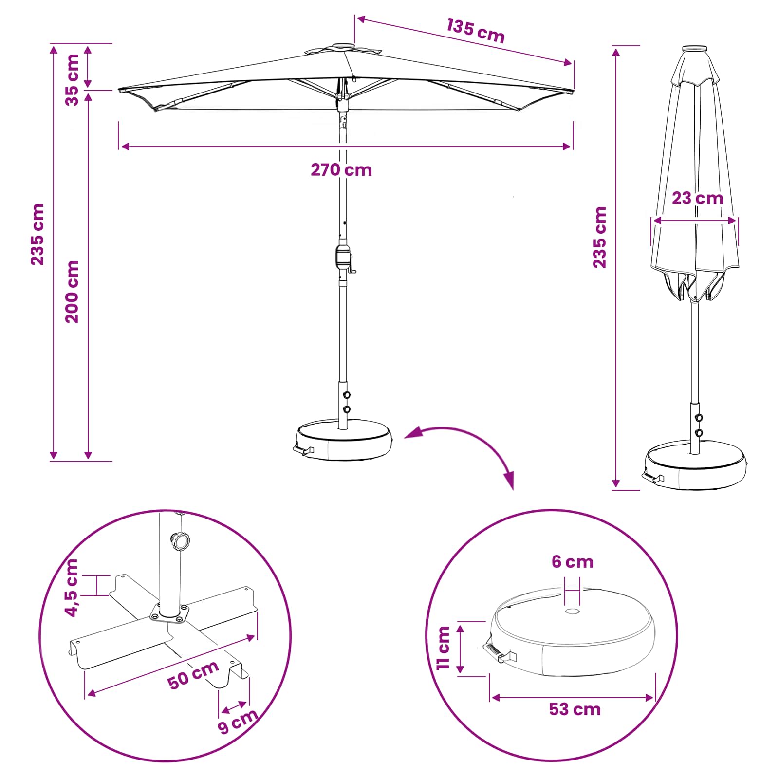 Tuinparasol met LED-lampen en voet 270 x 270 cm Polyester Zwart is nu te koop bij PeponiXL, paradijselijk wonen!