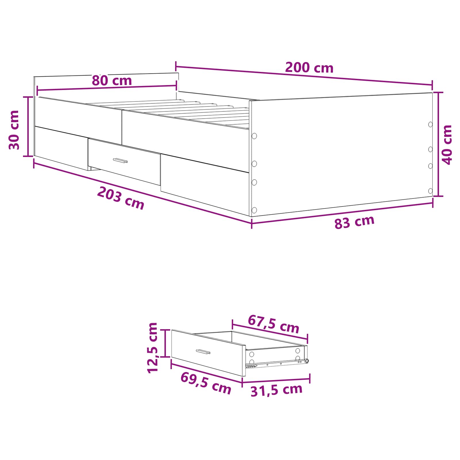 Bedframe met opslag Sonoma Eiken 80 x 200 cm Bewerkt hout is nu te koop bij PeponiXL, paradijselijk wonen!