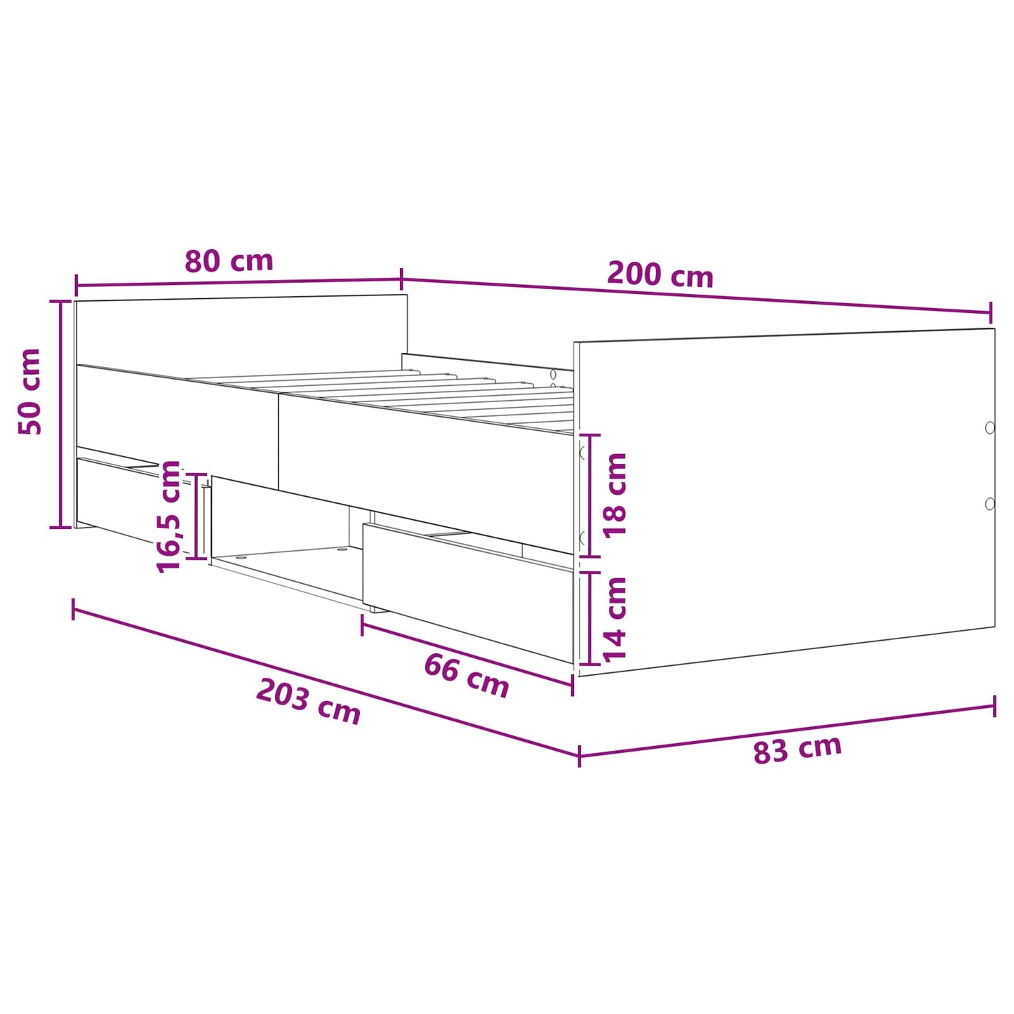 Bedframe met lade met hoofdeinde Gerookt eiken Bewerkt hout