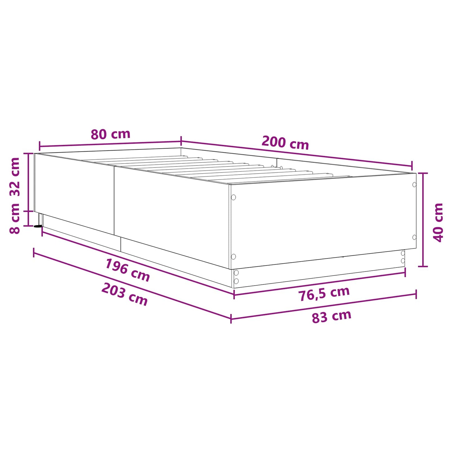 Bed Frame met LED Sonoma Eiken 80 x 200 cm Bewerkt hout is nu te koop bij PeponiXL, paradijselijk wonen!