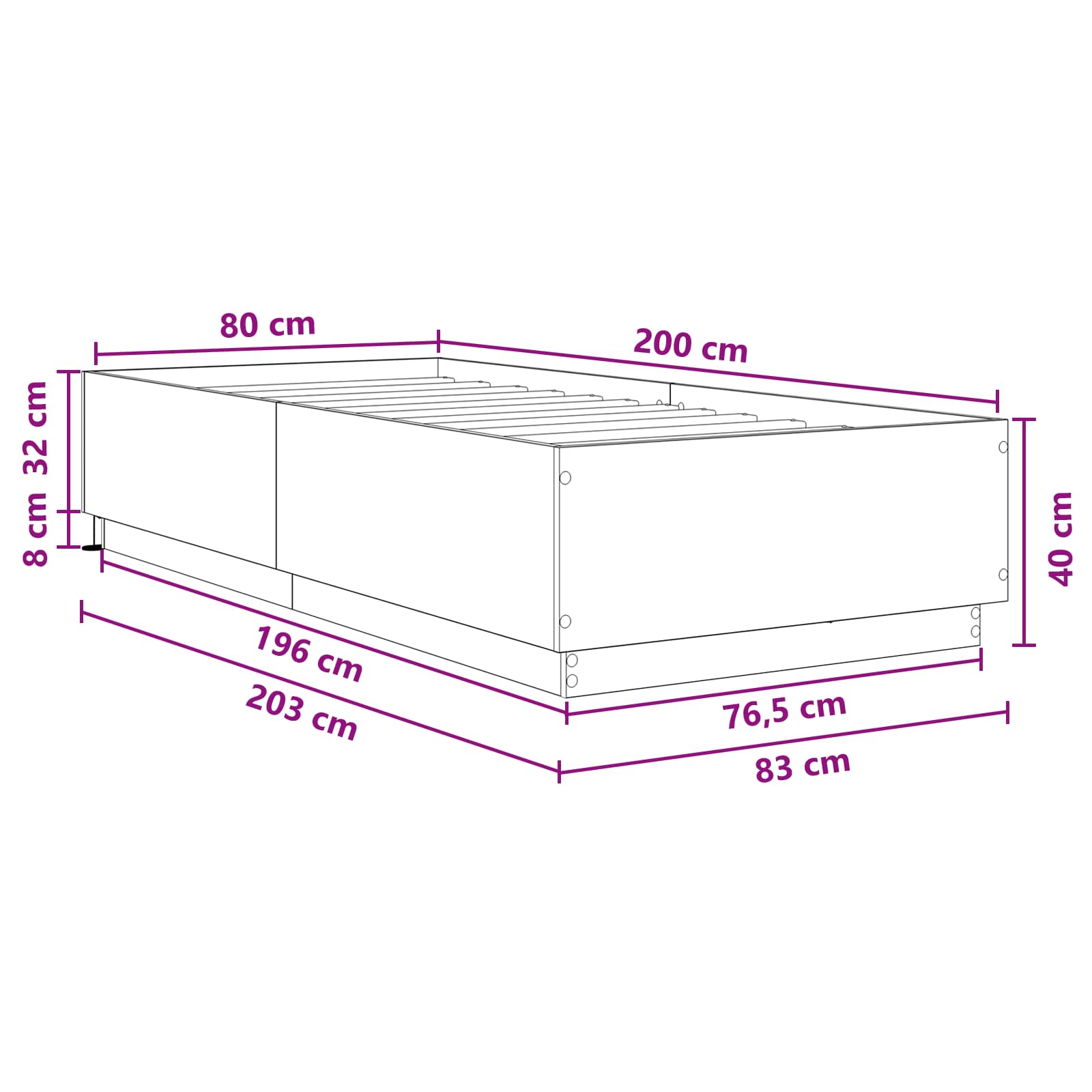 Bed Frame met LED Betongrijs 80 x 200 cm Bewerkt hout is nu te koop bij PeponiXL, paradijselijk wonen!