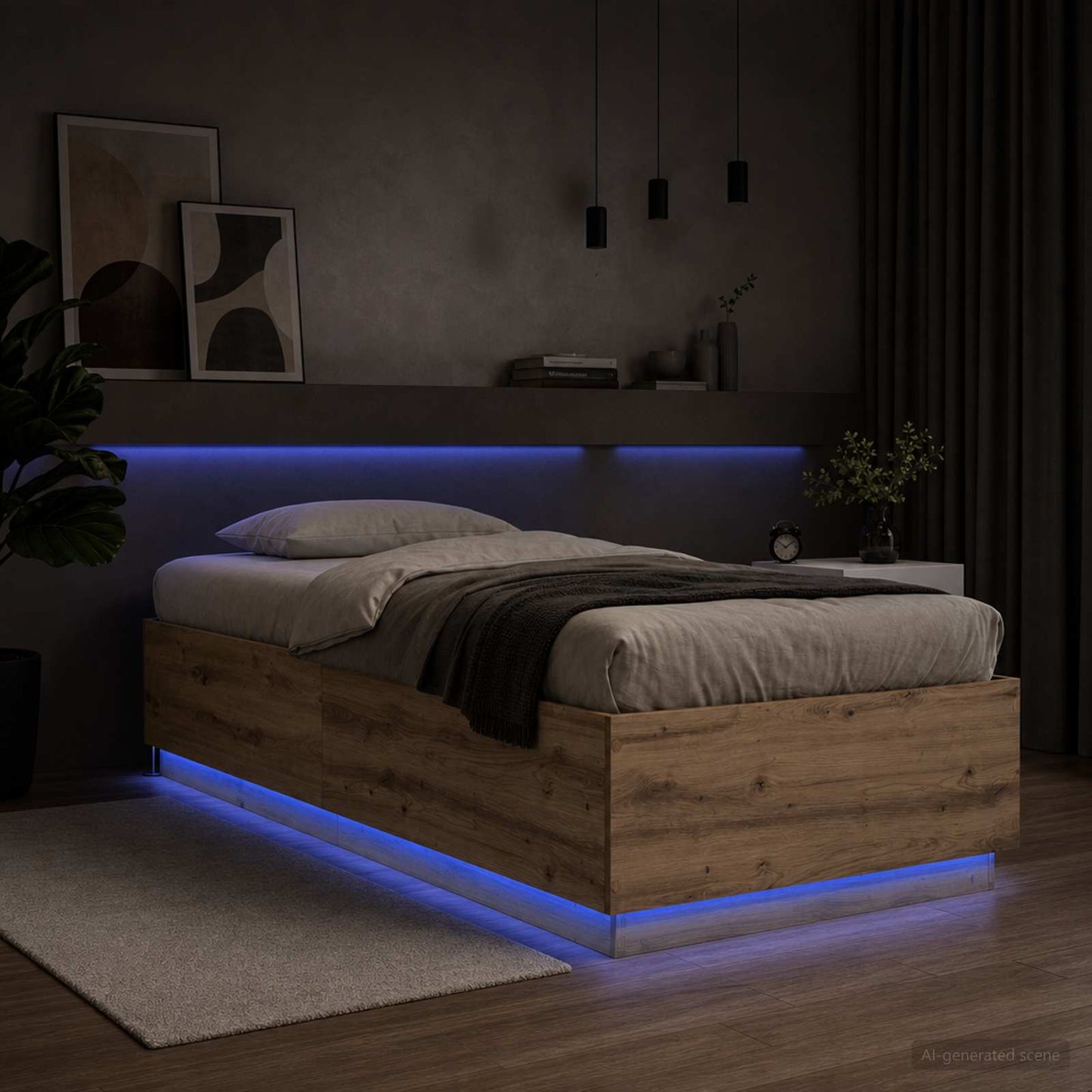 Bed Frame met LED Artisanaal eiken 80 x 200 cm Bewerkt hout is nu te koop bij PeponiXL, paradijselijk wonen!