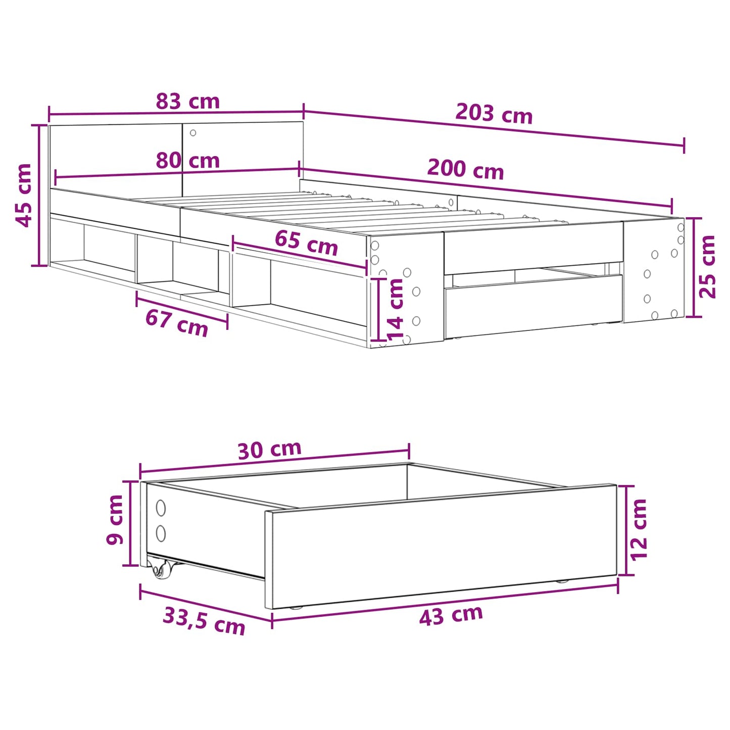 Bedframe met opslag Grijs Sonoma 80 x 200 cm Bewerkt hout