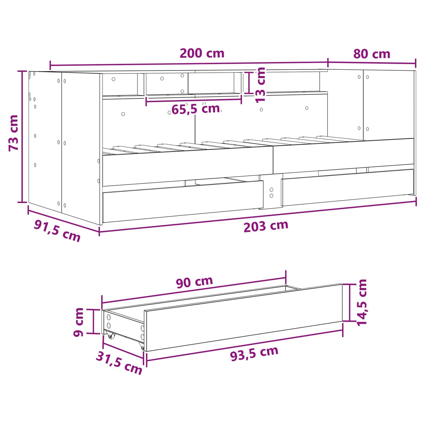Dagbed met lade met plank met opslag Sonoma Eiken Bewerkt hout