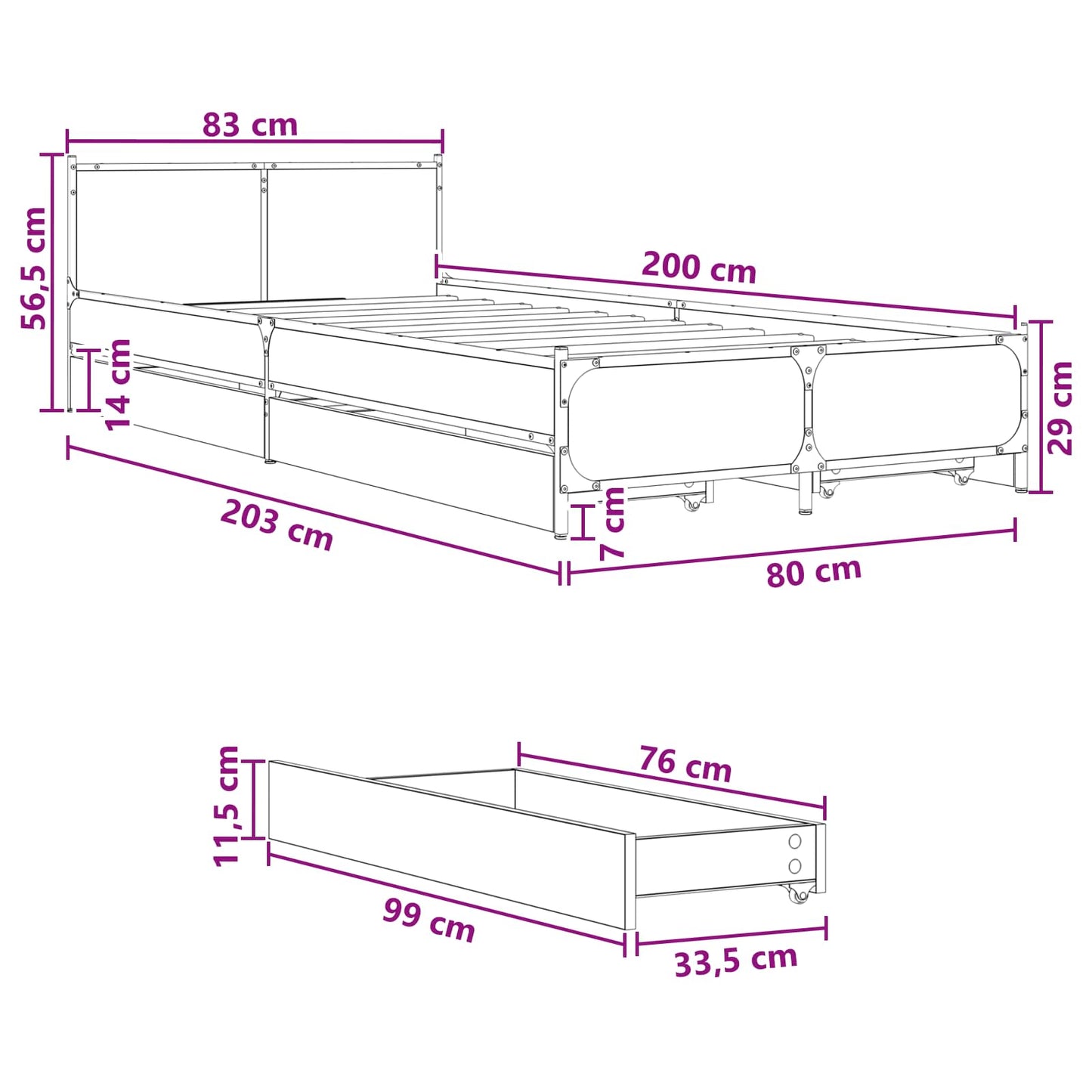 Bedframe met Hoofdeinde met lade Artisanaal eiken 80 x 200 cm