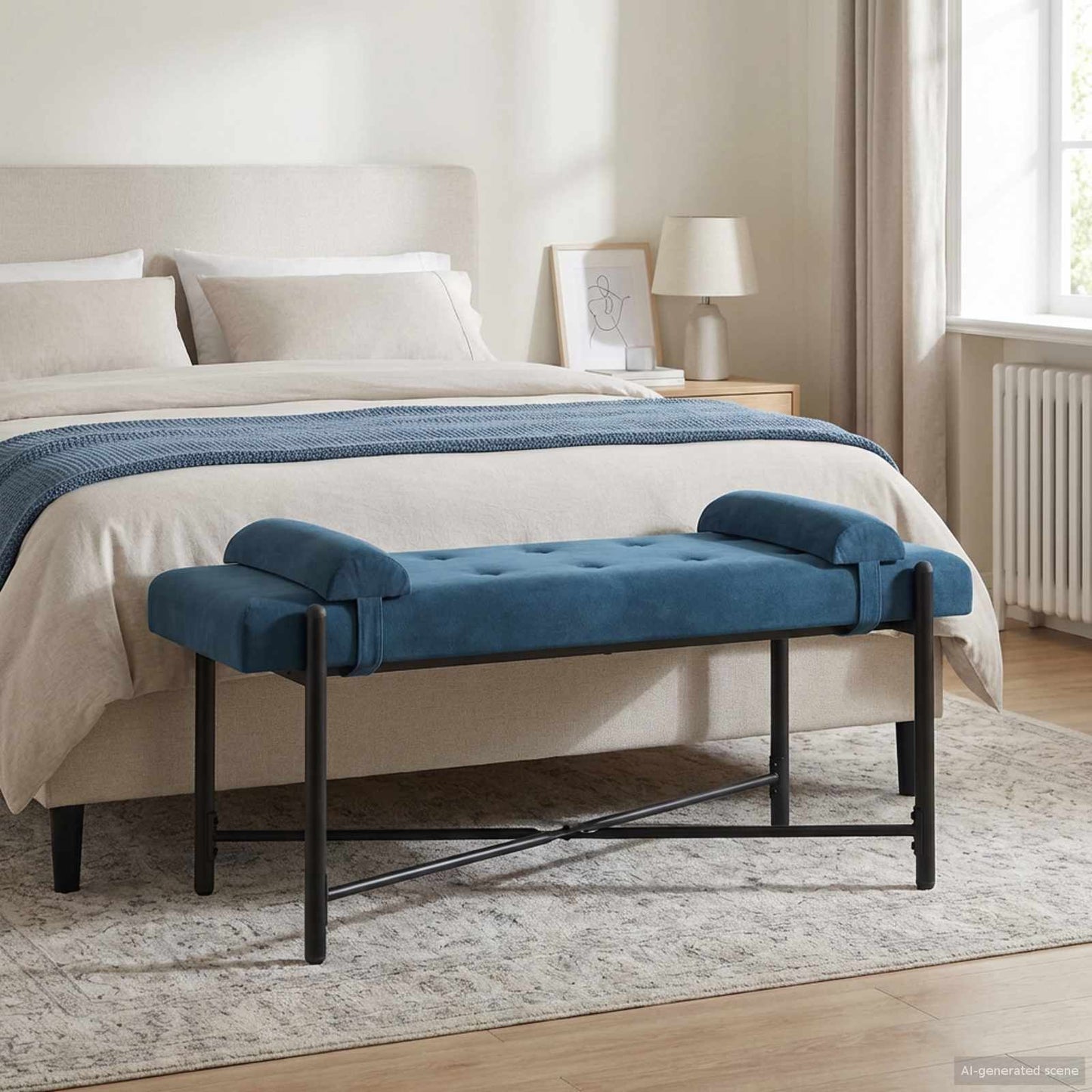 Knop-gestept Bankje met Kussens Blauw 110 x 40 x 46 cm Fluweel